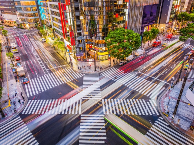 Tokyo, Japan cityscape and crosstown traffic in the Ginza District.