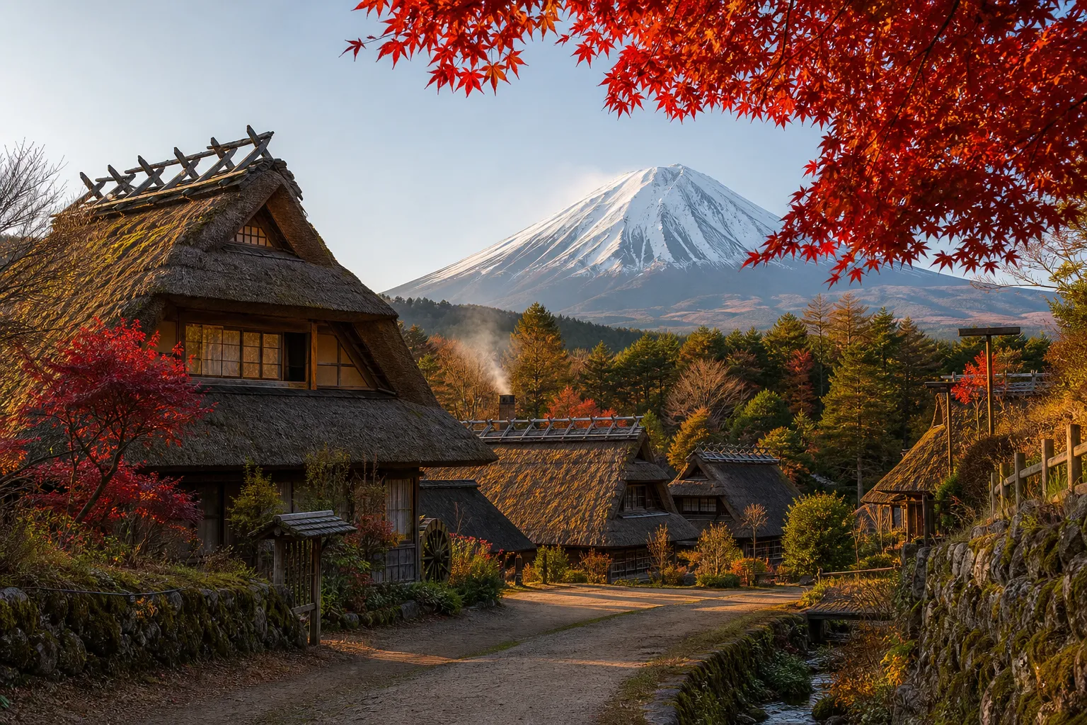 Mt. Fuji, Japan autumn landscape with historic japanese village.