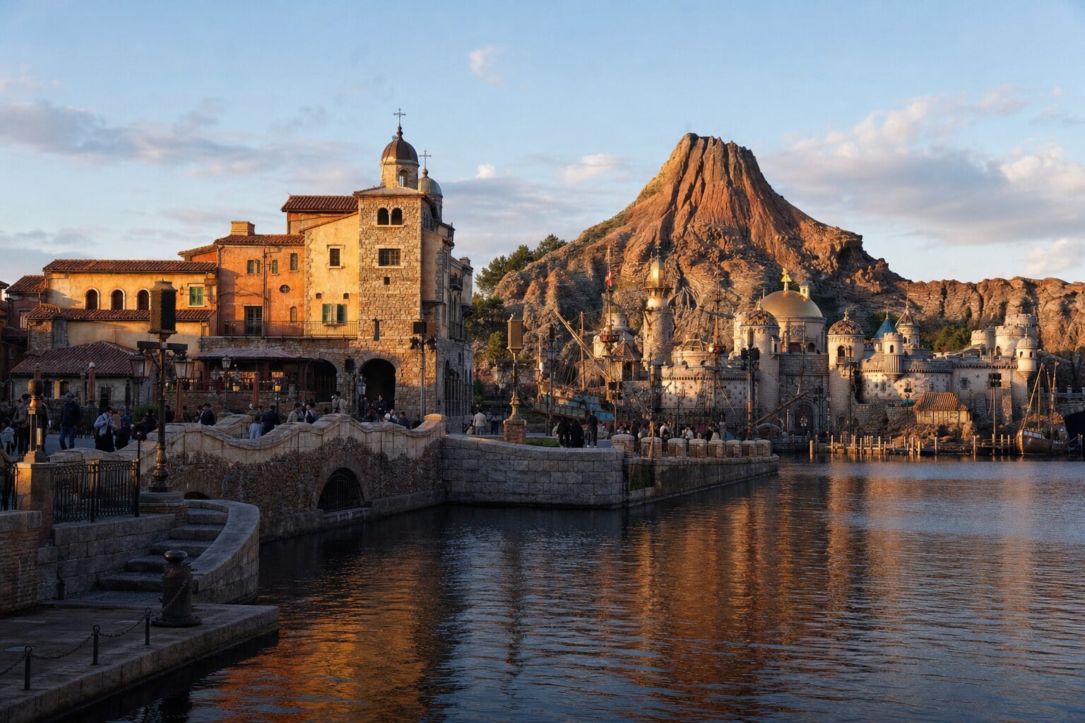 Guests walking along Tokyo DisneySea Mediterranean Harbor waterfront in warm afternoon light
