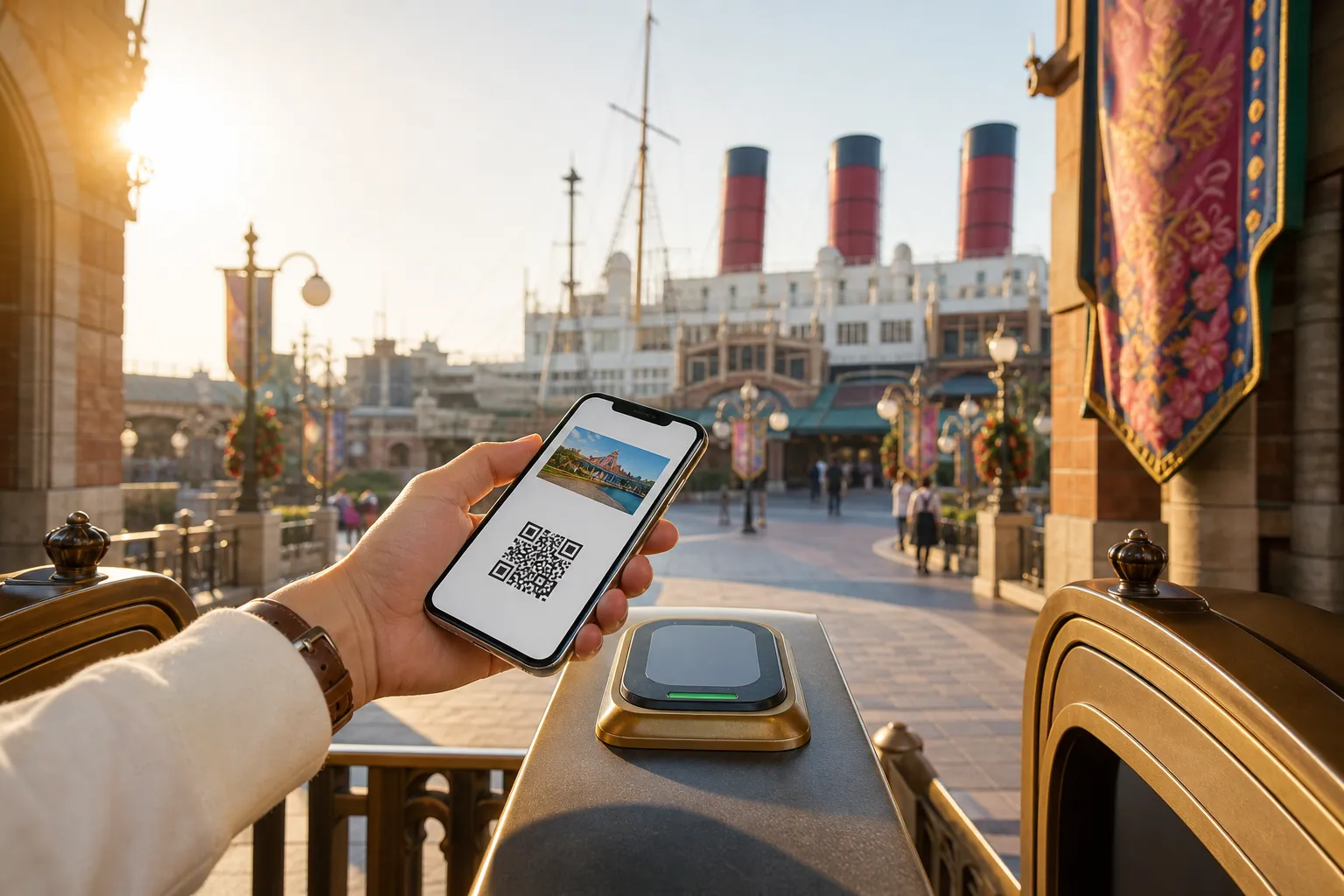 Smartphone showing a QR code ticket held in front of a blurred theme park entrance gate