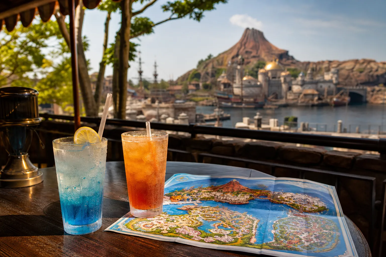 Iced drinks on a shaded table beside a park map, suggesting a midday rest break during summer