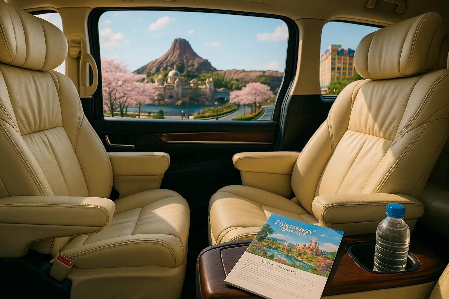 Quiet luxury minivan interior with plush seats and daylight visible through the window during a transfer