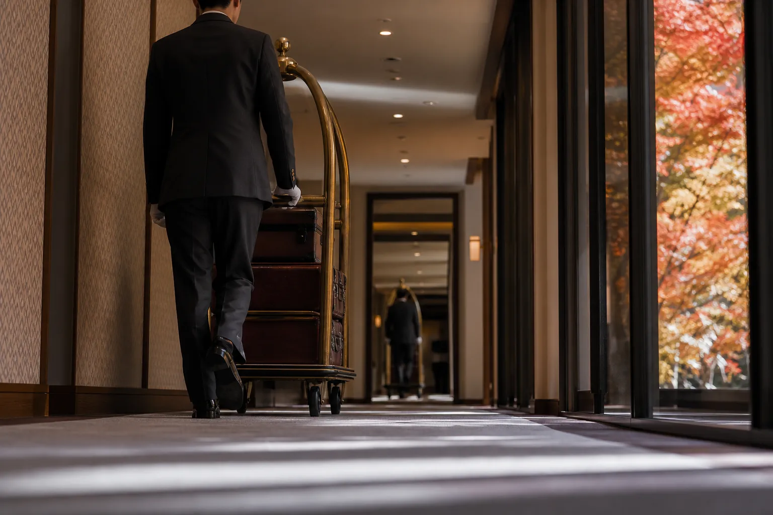 Back view portrait with mirror reflection of bellboy pushing luggage cart in hotel hallway, delivering bags to rooms