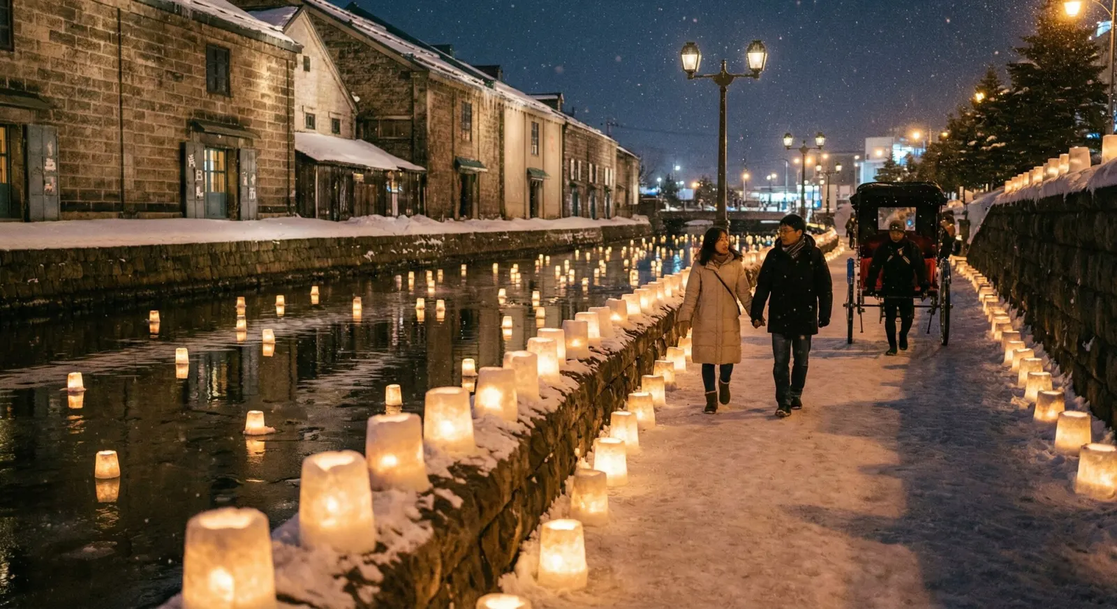 The historic Otaru Canal illuminated by hundreds of floating candles and snow lanterns during the Snow Light Path festival.