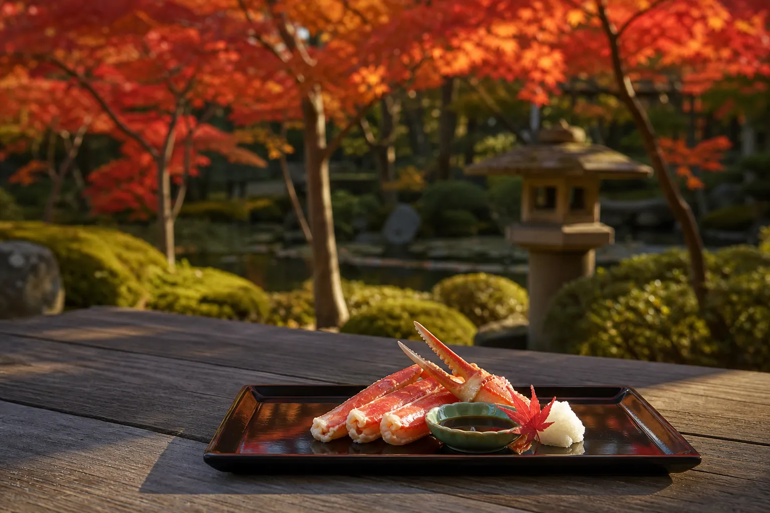 A gourmet Kaiseki dinner presentation featuring fresh Hokkaido snow crab and seasonal winter ingredients.