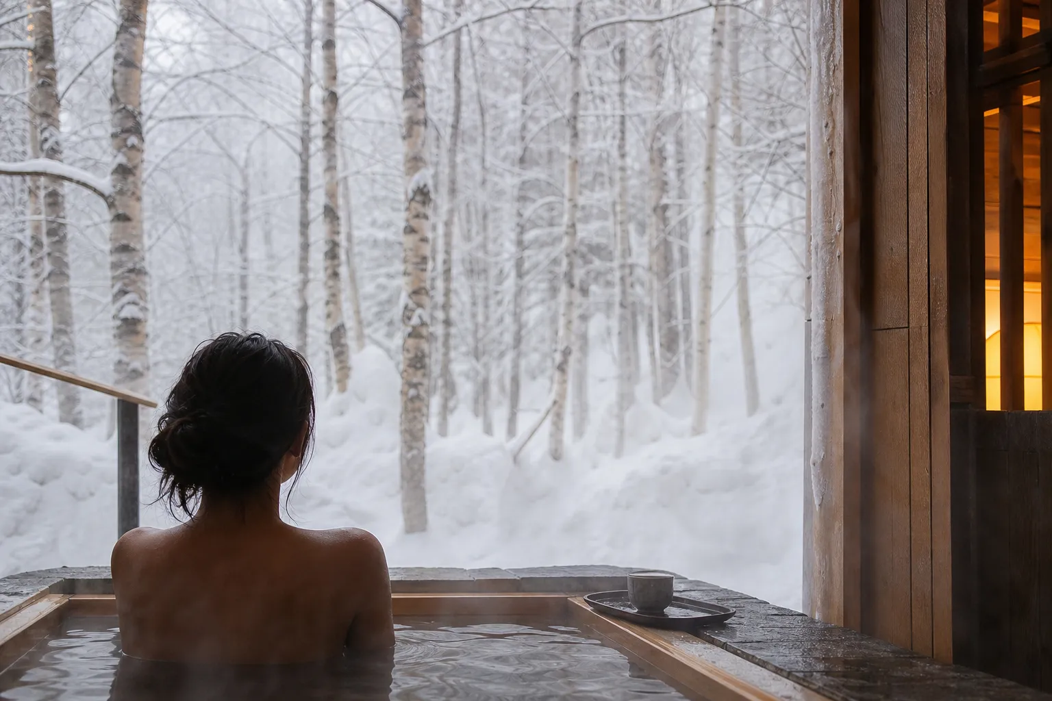 A private open-air hot spring bath in a luxury Hokkaido suite overlooking a snow-covered birch forest.