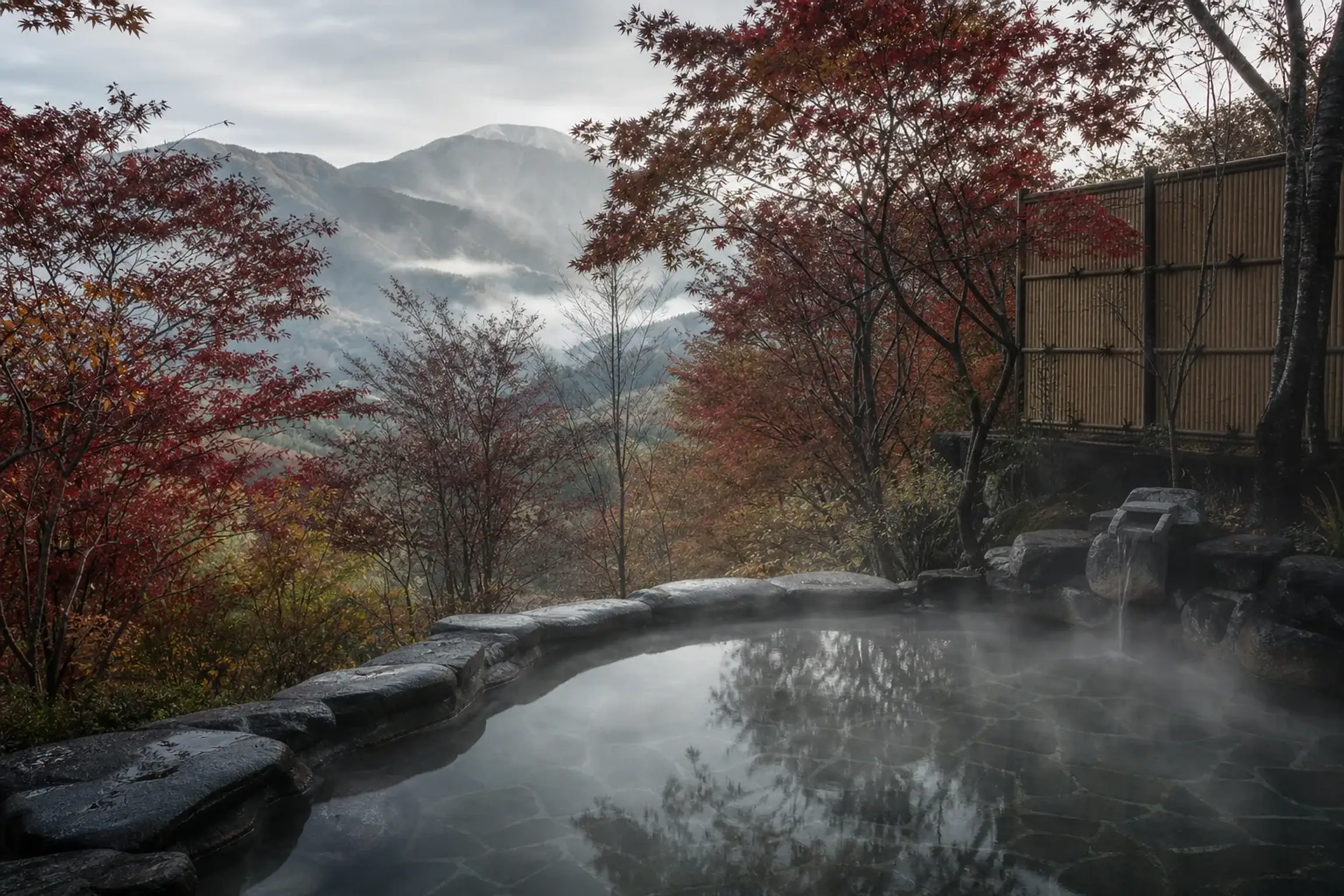 Steaming outdoor onsen bath surrounded by autumn maple leaves and mountains, evoking KAI Zao in Yamagata