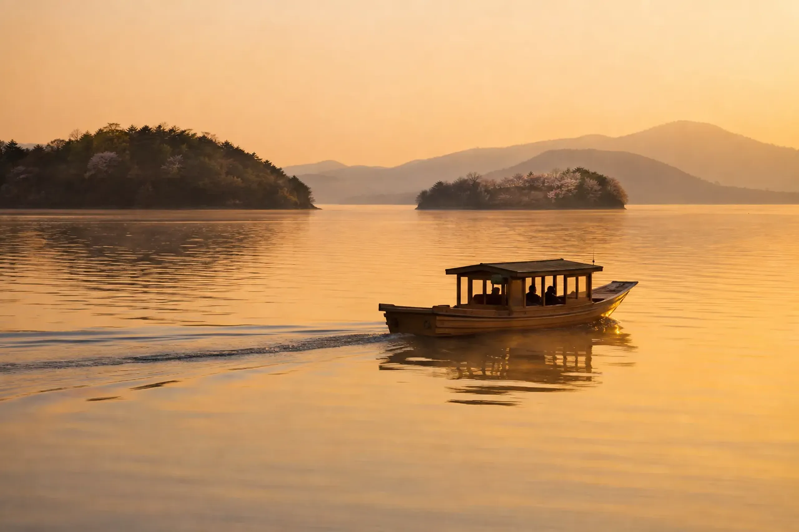 Private boat crossing the calm Seto Inland Sea between forested islands at golden hour