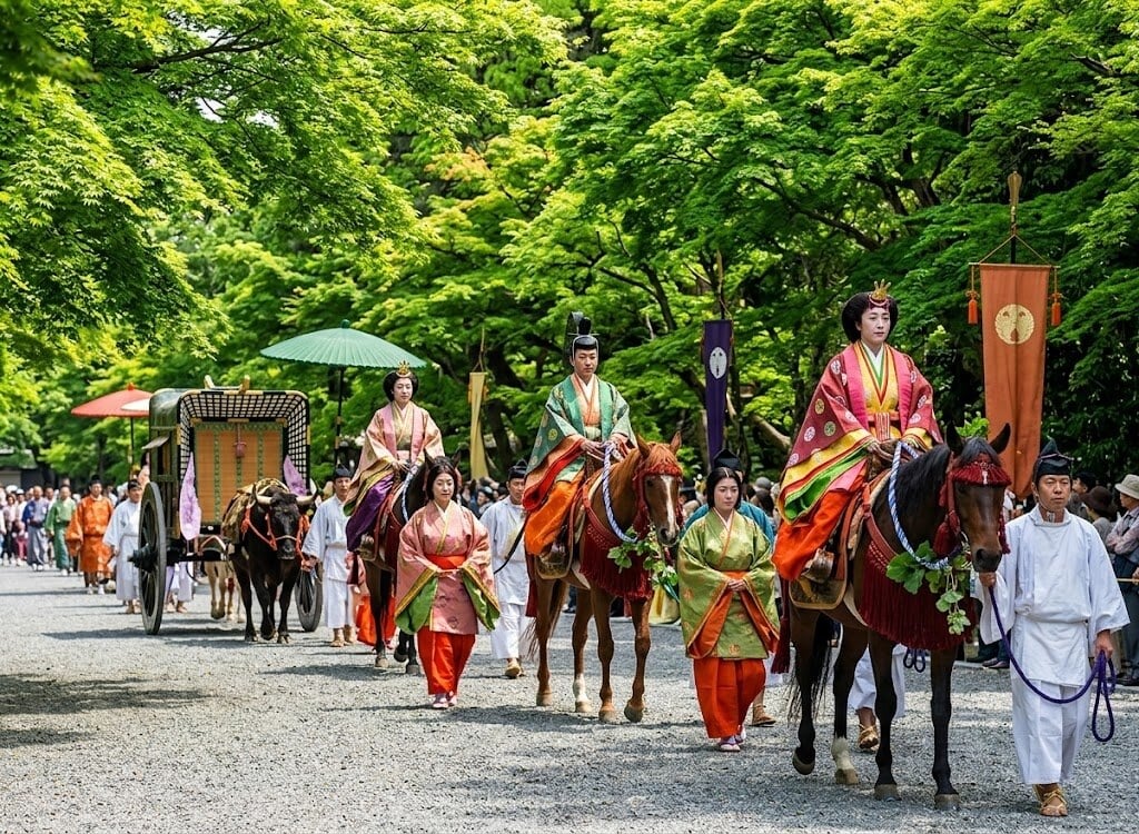 Traditional Japanese procession: riders in colorful kimonos atop elaborately decorated horses, with banners and onlookers along a tree-lined path.