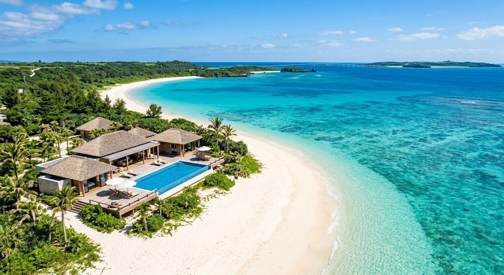 A beachfront villa complex with a rectangular pool on a white-sand beach, surrounded by palm trees and turquoise water.