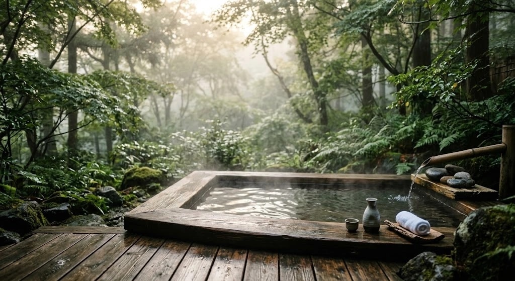 Wooden outdoor soaking tub on a deck in a misty forest, steam rising, with a towel, cups, and stones at the edge.