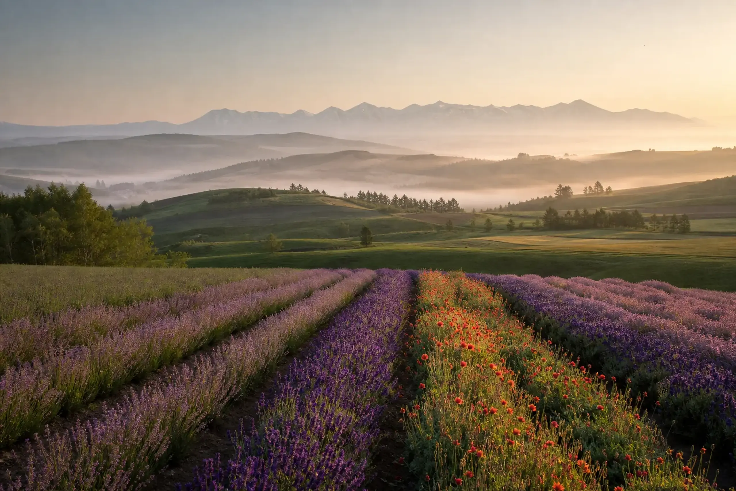 Colorful flower fields in neat rows with green hills and snow-capped mountains in the distance.