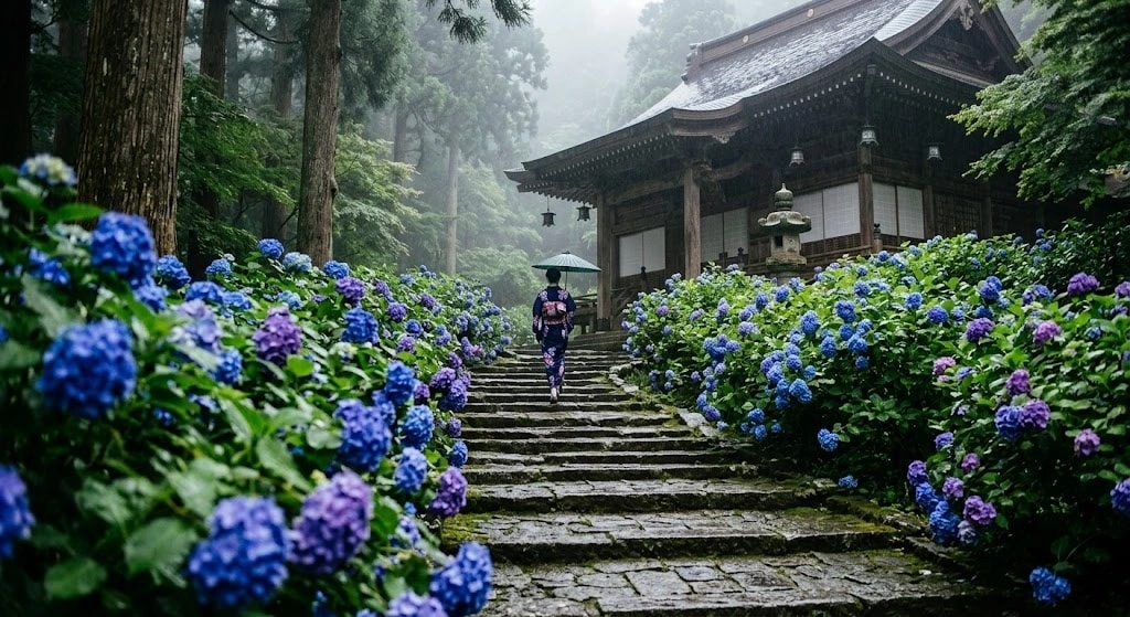 A person in a kimono with an umbrella walking up stone steps toward a traditional wooden temple, flanked by blue hydrangea bushes.