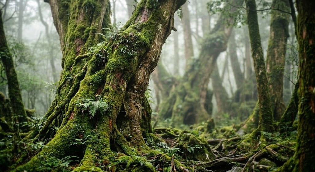 Moss-covered forest with large twisting trees and fog in the background, creating a mysterious, ancient woodland scene.