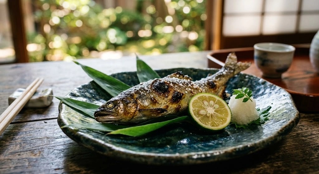 Whole grilled fish on a blue ceramic plate with a lemon half, grated daikon, and greens, on a wooden table.