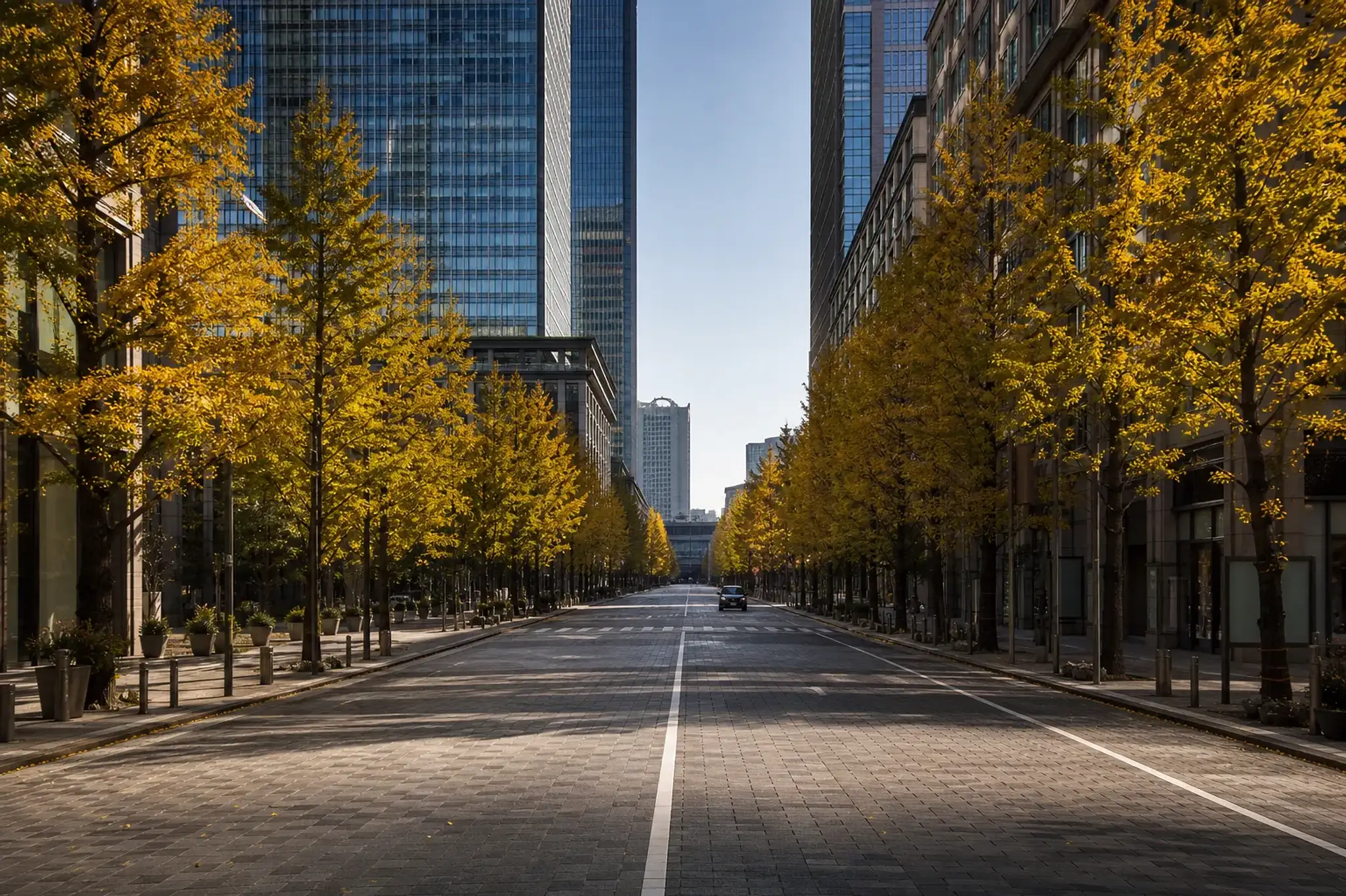 Quiet early morning scene in Marunouchi, Tokyo with modern buildings and empty streets