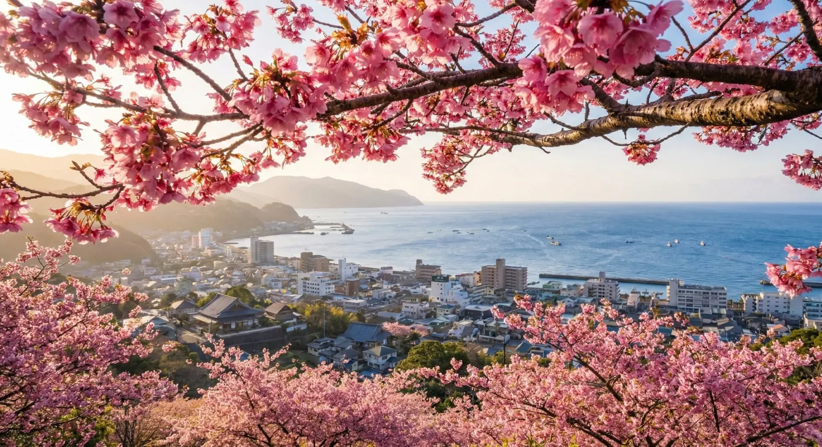 A wide-angle panoramic view from Shogetsuin Temple's hilltop, featuring vibrant pink cherry blossoms framing the charming city of Ito and the sparkling blue ocean under a clear spring sky.