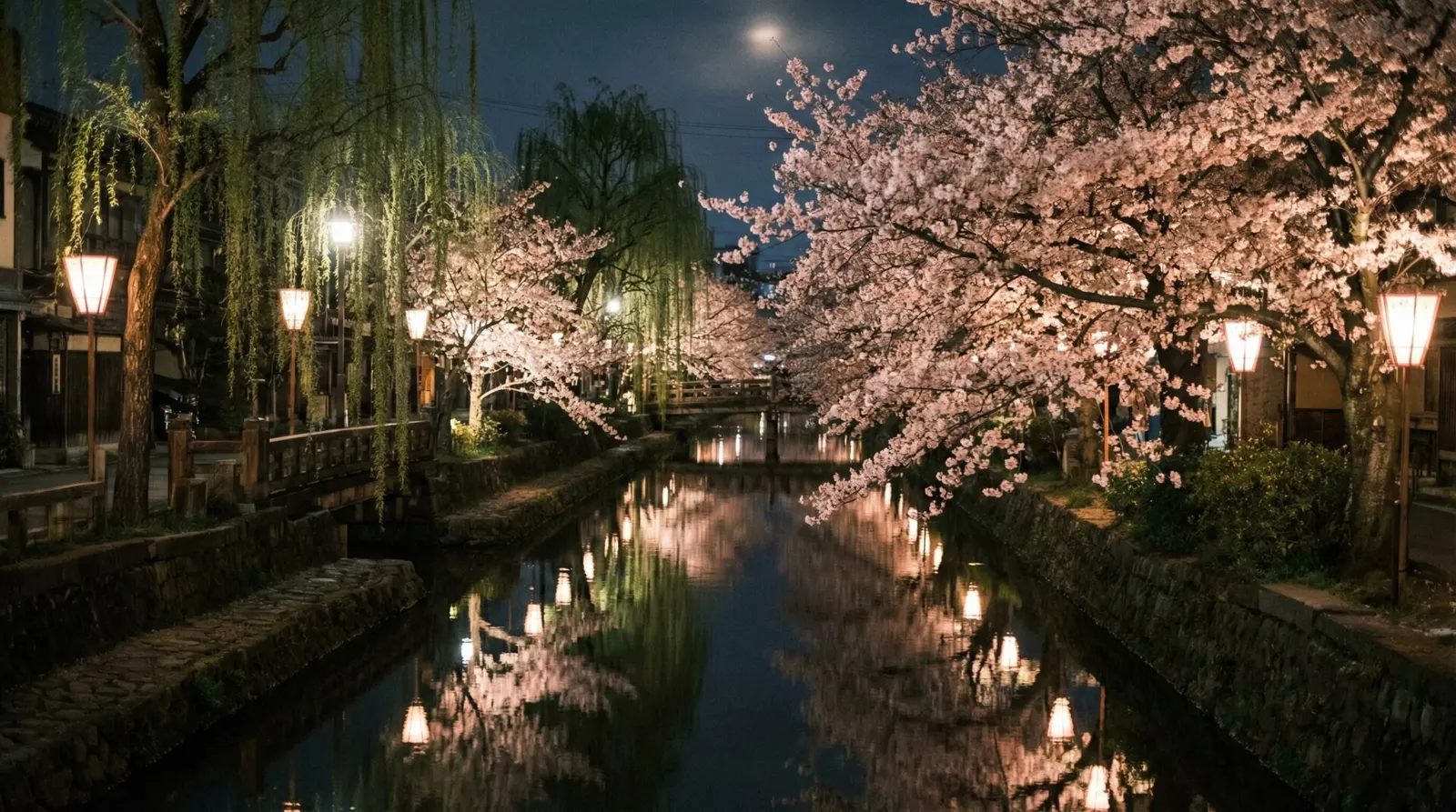 Cherry blossoms and willow trees illuminated at night along the Matsukawa River.