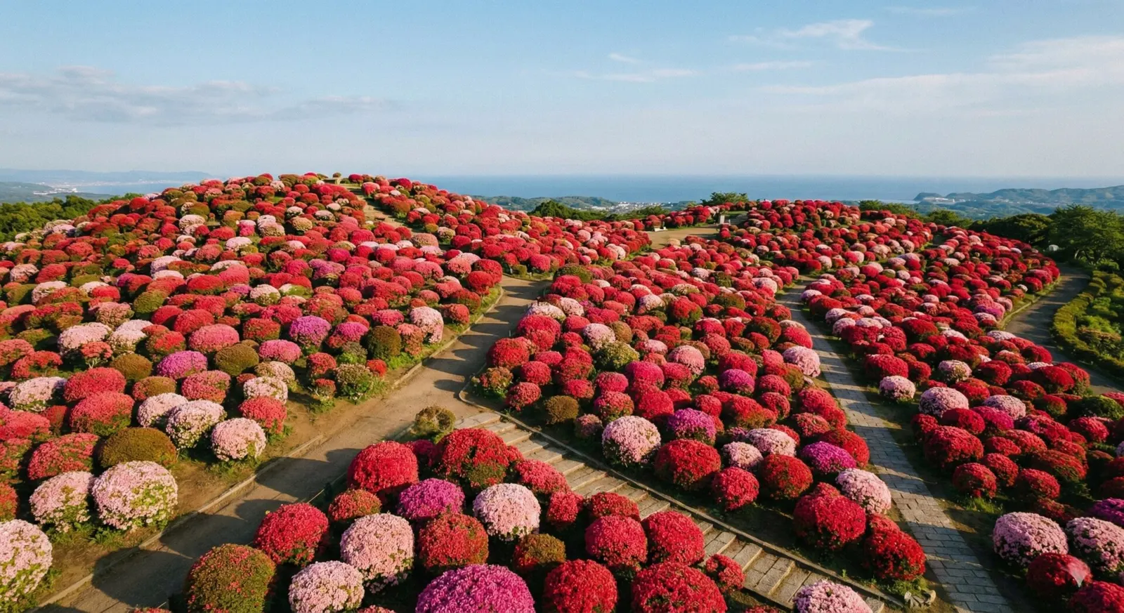 A breathtaking wide-angle landscape of Komuroyama Park in Japan featuring dense, rounded mounds of red and pink azaleas blooming together to create a textured, colorful floral carpet.
