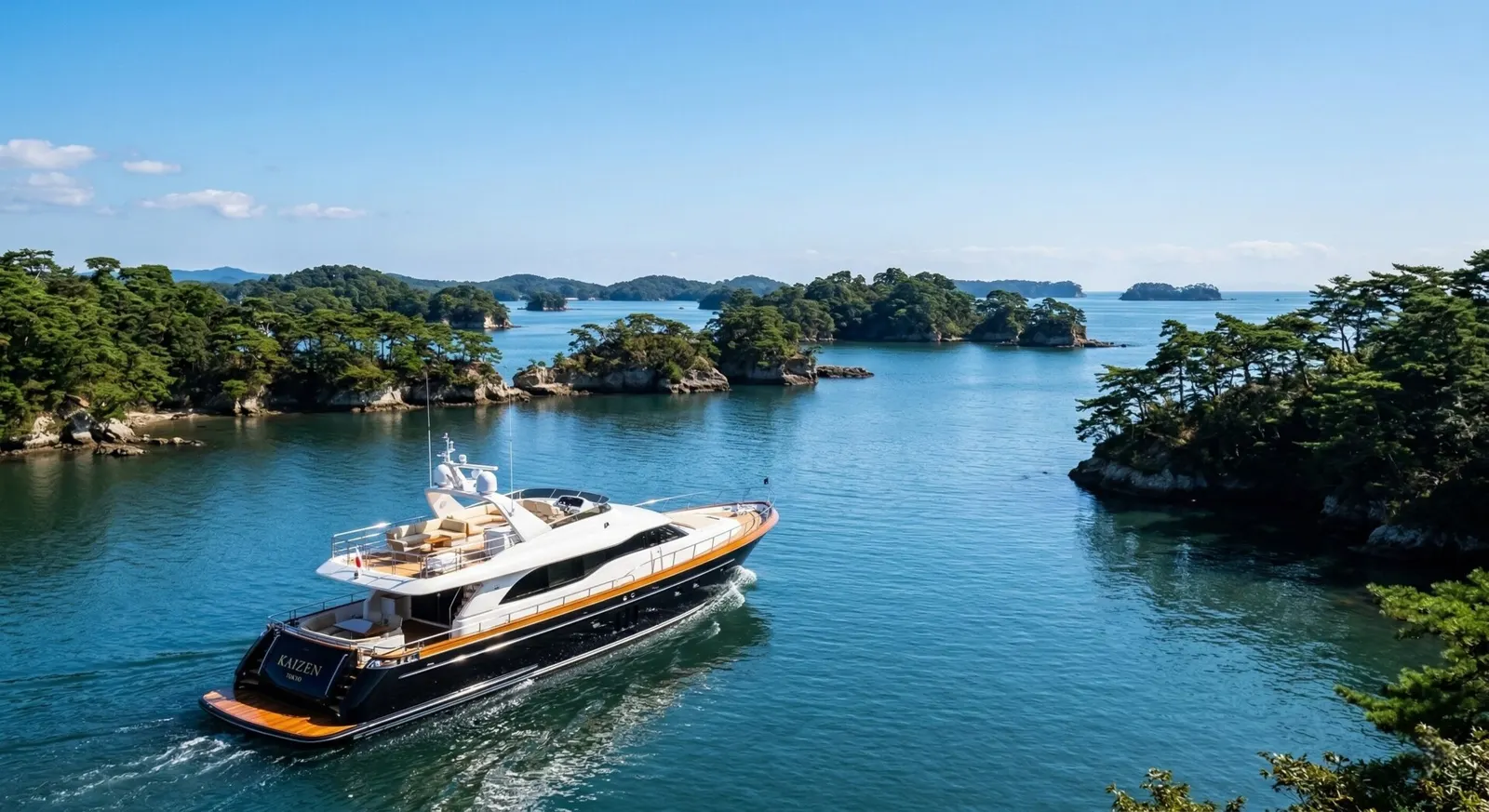 A luxurious private boat cruising through the serene, pine-clad islands of Matsushima Bay under a clear sky.