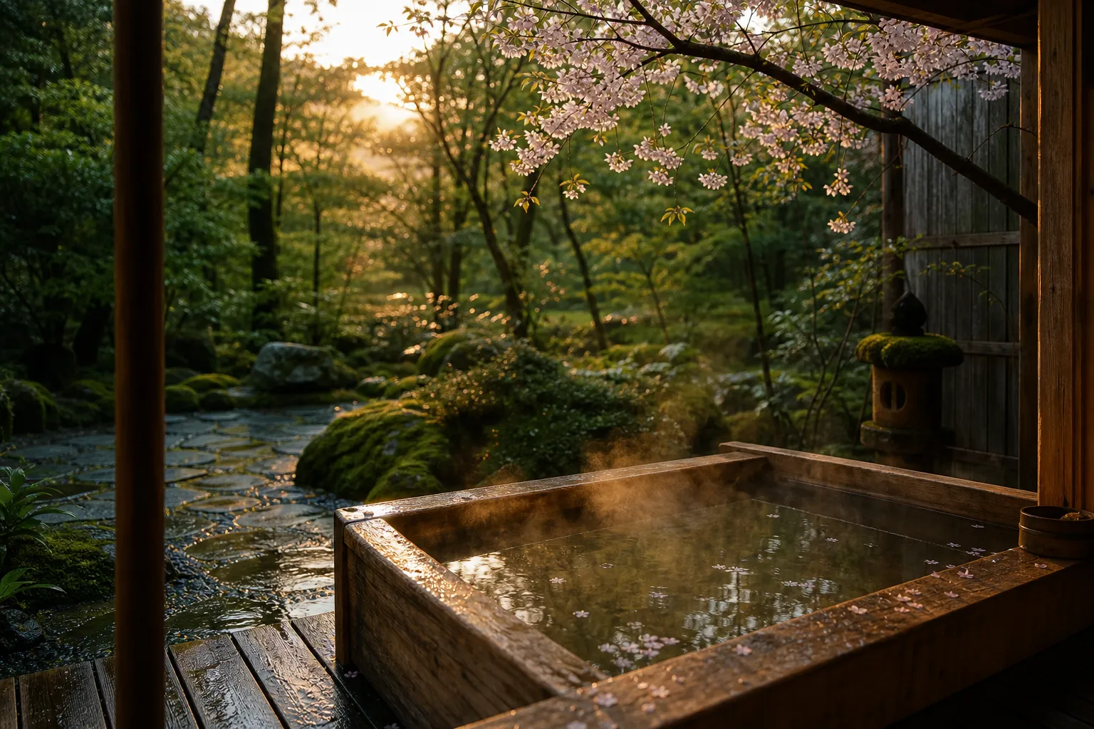 A serene, wooden outdoor hot spring bath surrounded by lush green trees and blooming cherry blossoms.