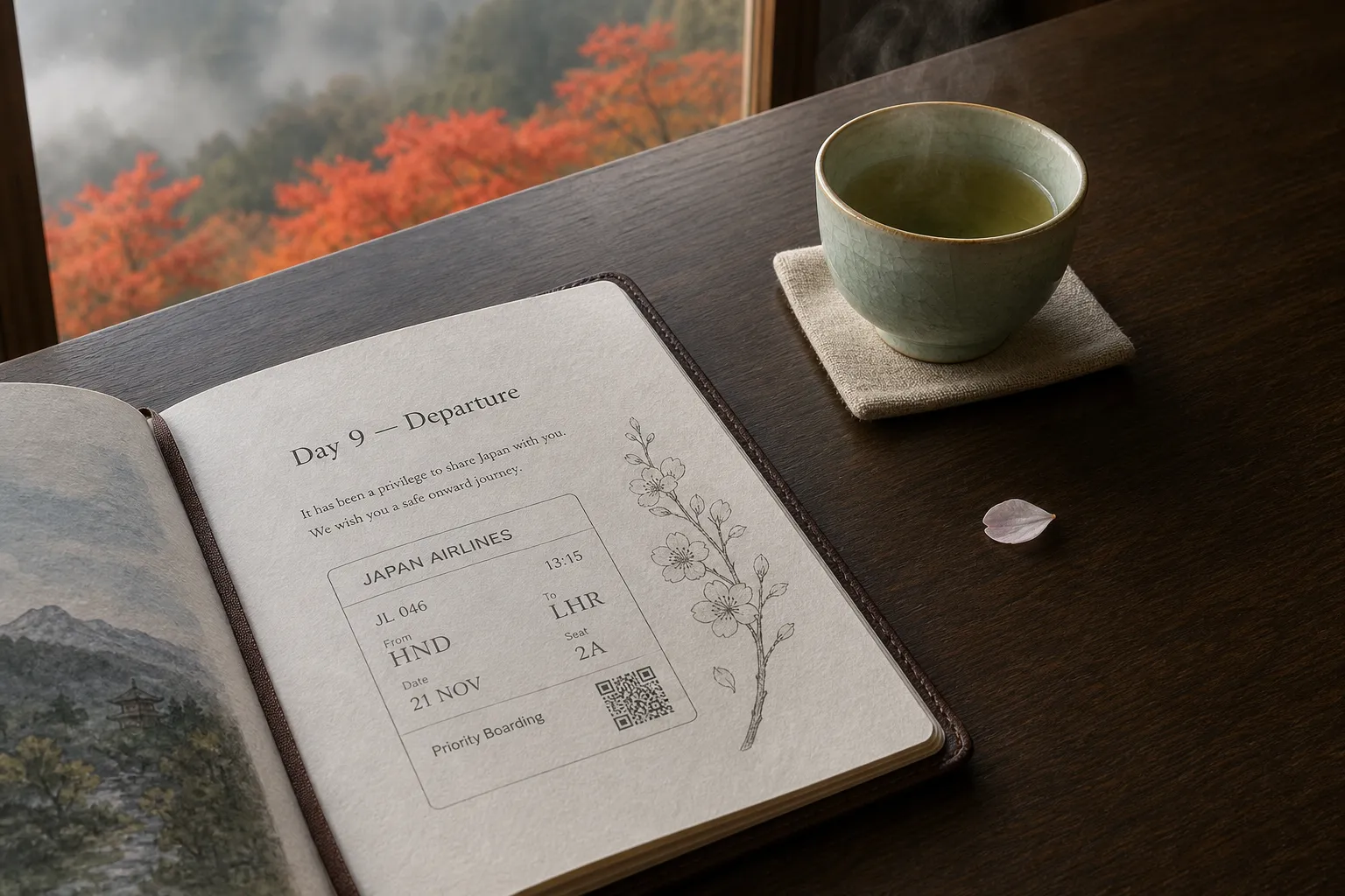 A high-end luxury itinerary document resting on a polished table next to a cup of green tea.