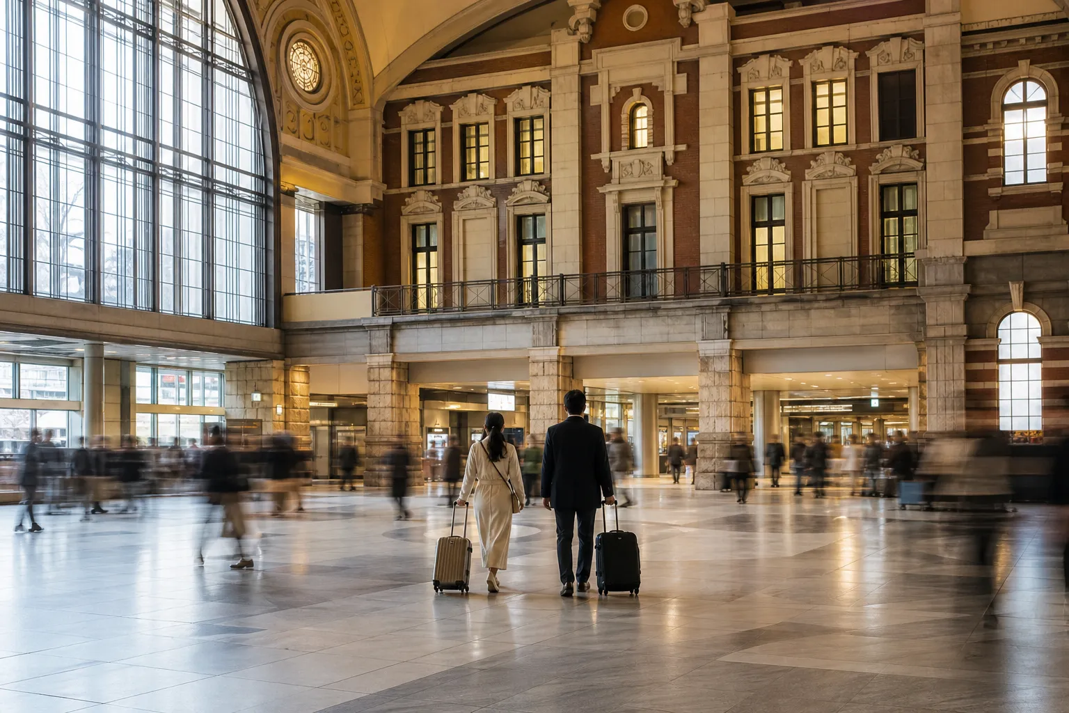 Travelers walking through Tokyo Station with light luggage in the morning