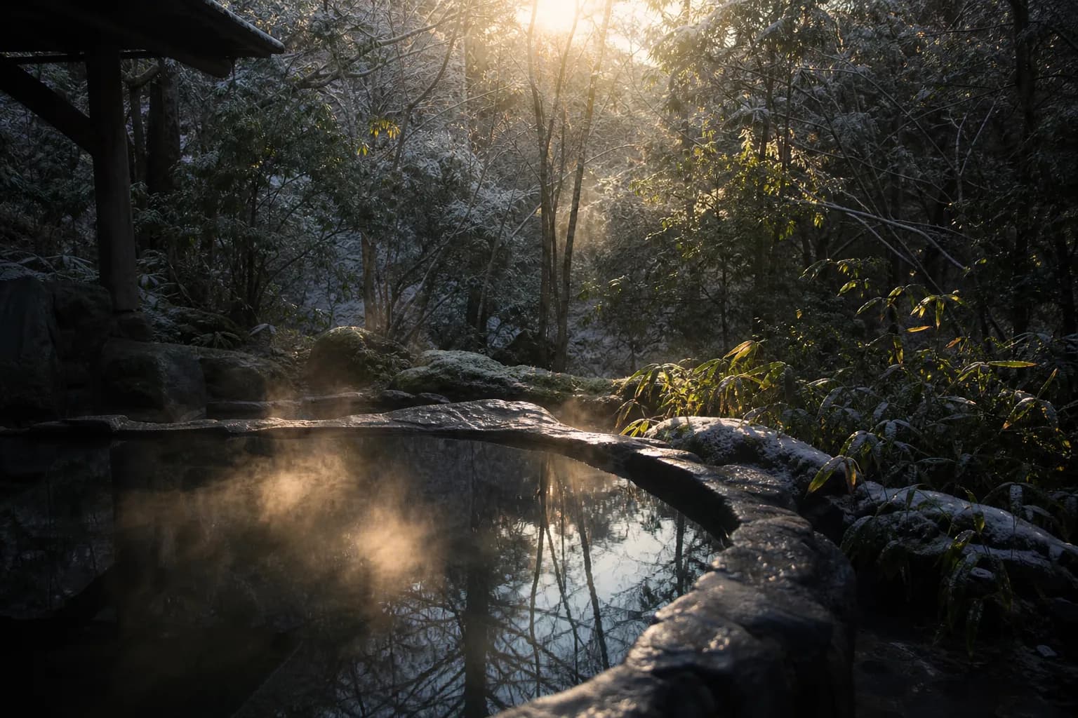 Outdoor hot spring bath at a Japanese ryokan with steam and greenery