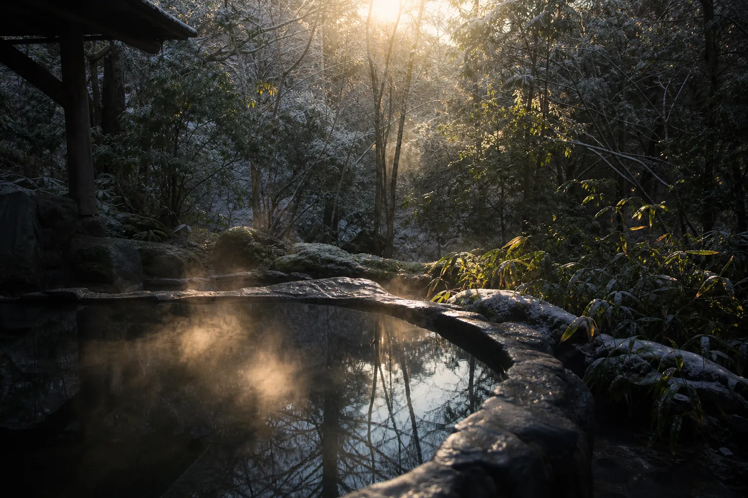 Outdoor hot spring bath at a Japanese ryokan with steam and greenery