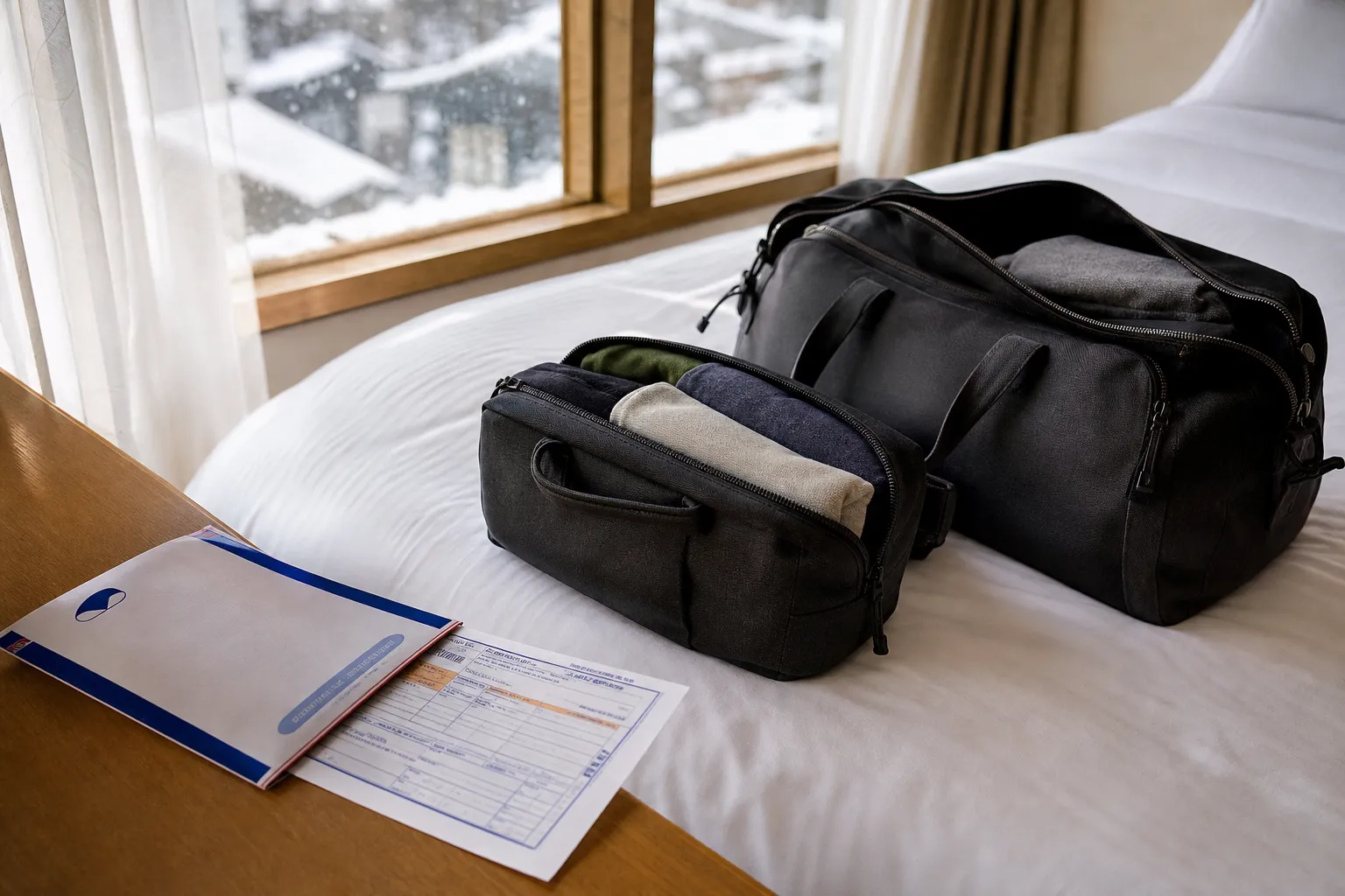 Small overnight bag and day bag packed neatly with luggage forwarding paperwork nearby