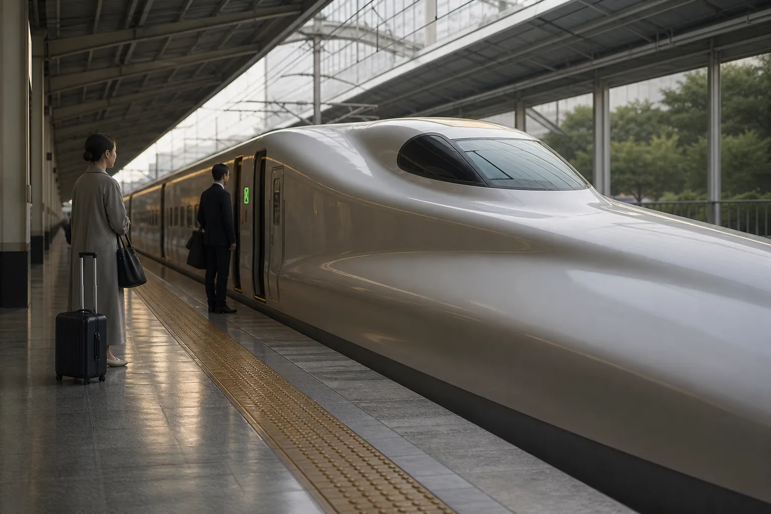 Shinkansen train at a platform with Green Car signage and few passengers