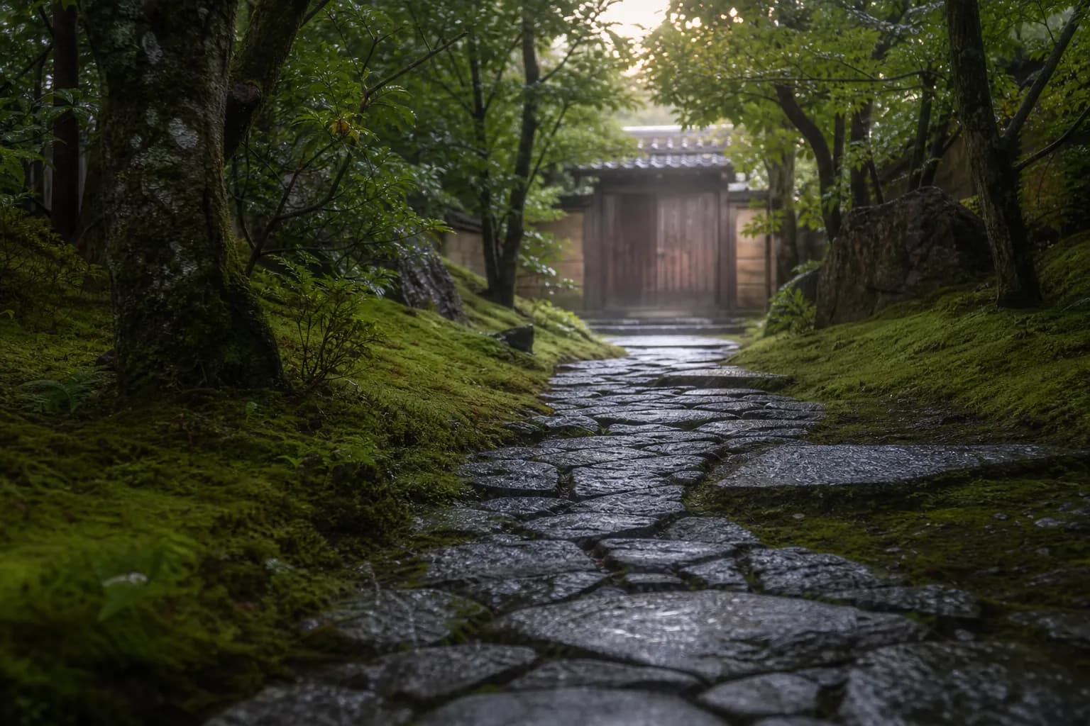 Moss-covered stone path in a Kyoto garden in the morning with no crowds