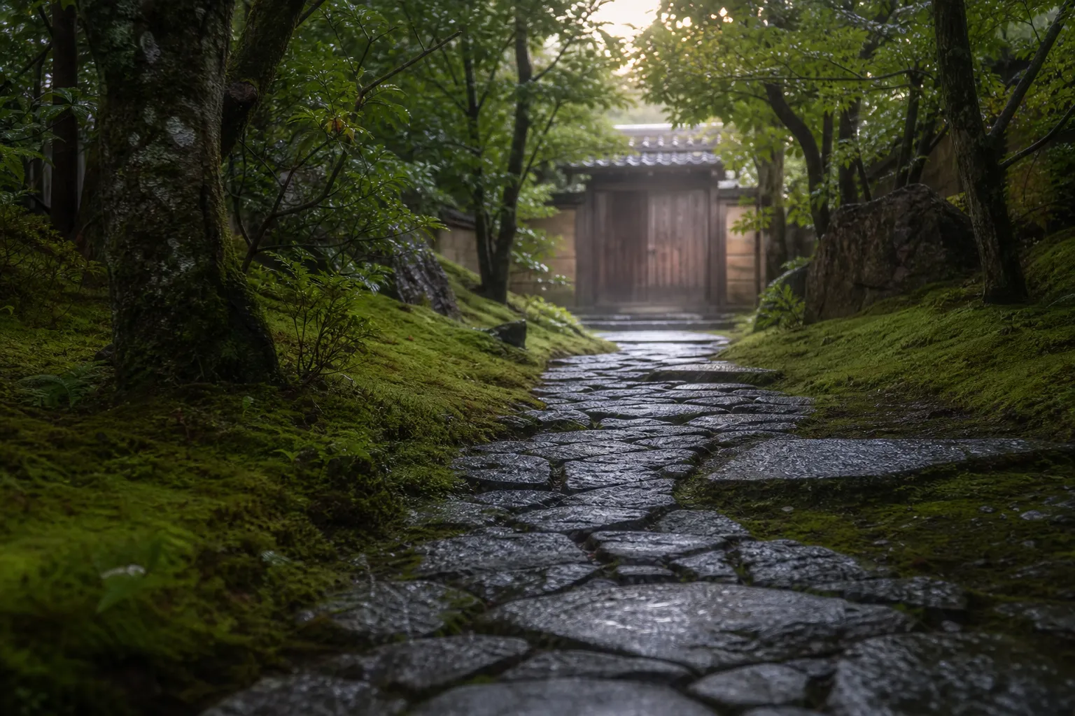 Moss-covered stone path in a Kyoto garden in the morning with no crowds