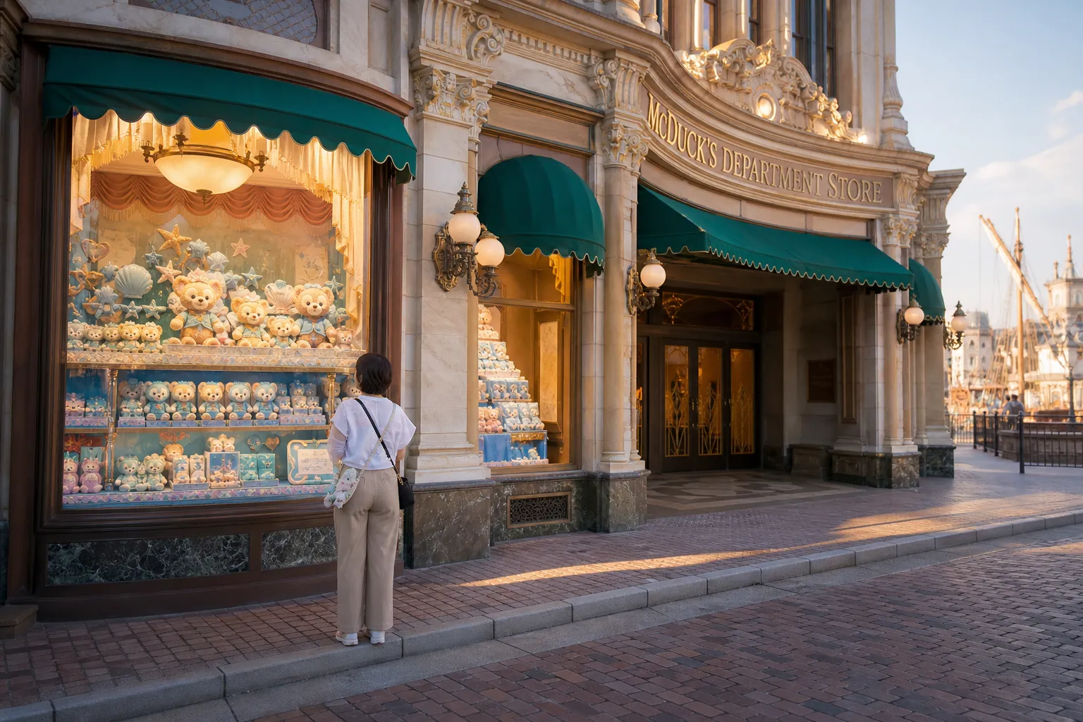 the exterior storefront of McDuck's Department Store at Tokyo DisneySea's American Waterfront, its ornate window displays lined with soft-blue Duffy and Friends plush badges and merchandise from the F