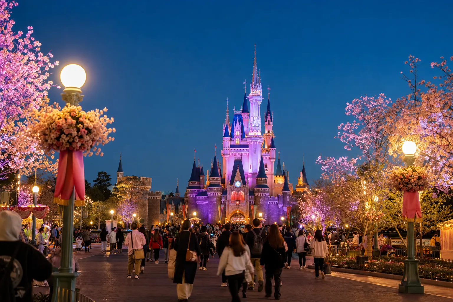 Tokyo Disneyland Cinderella Castle illuminated at dusk with families on the plaza