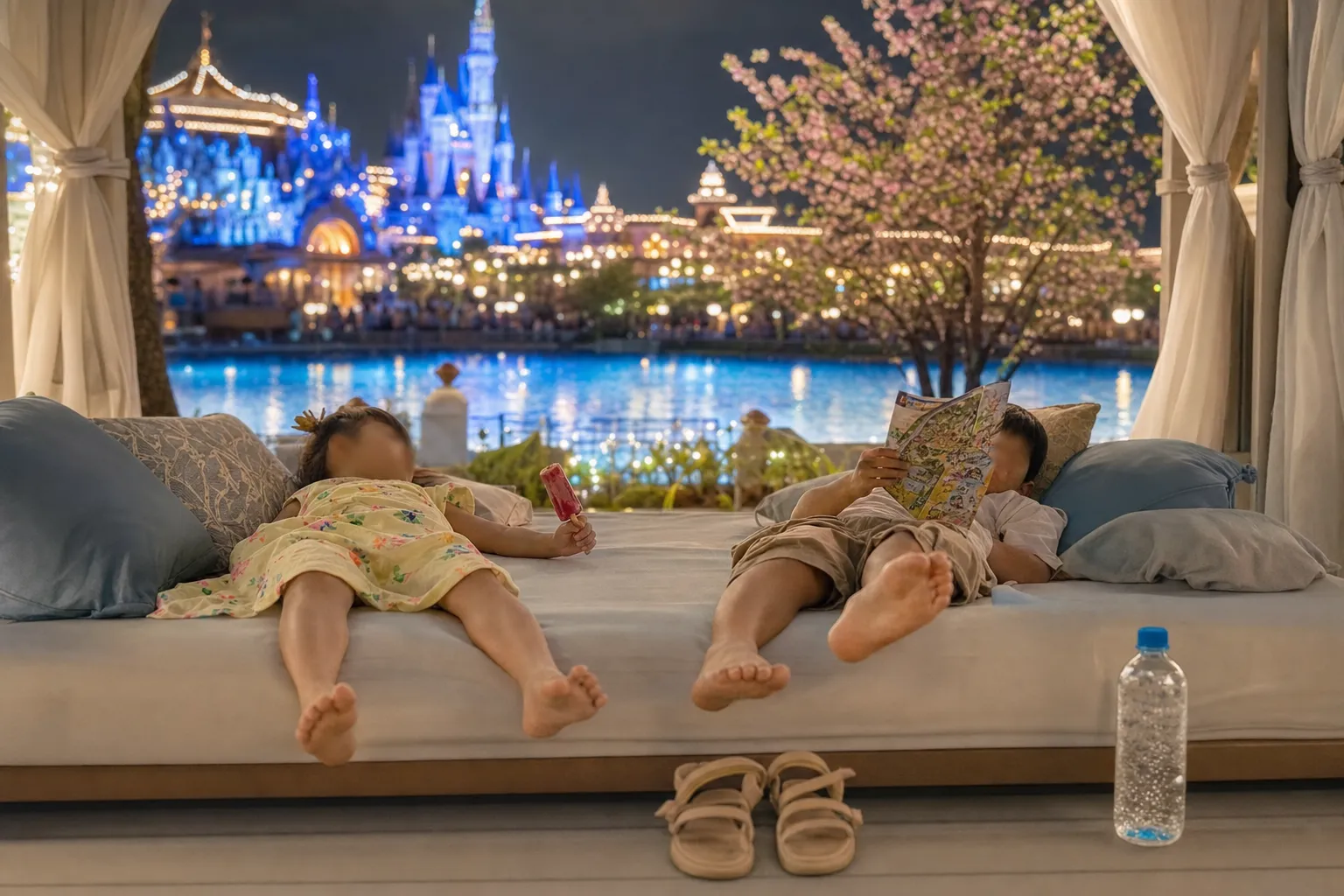 Children resting in a shaded poolside cabana during a midday summer break