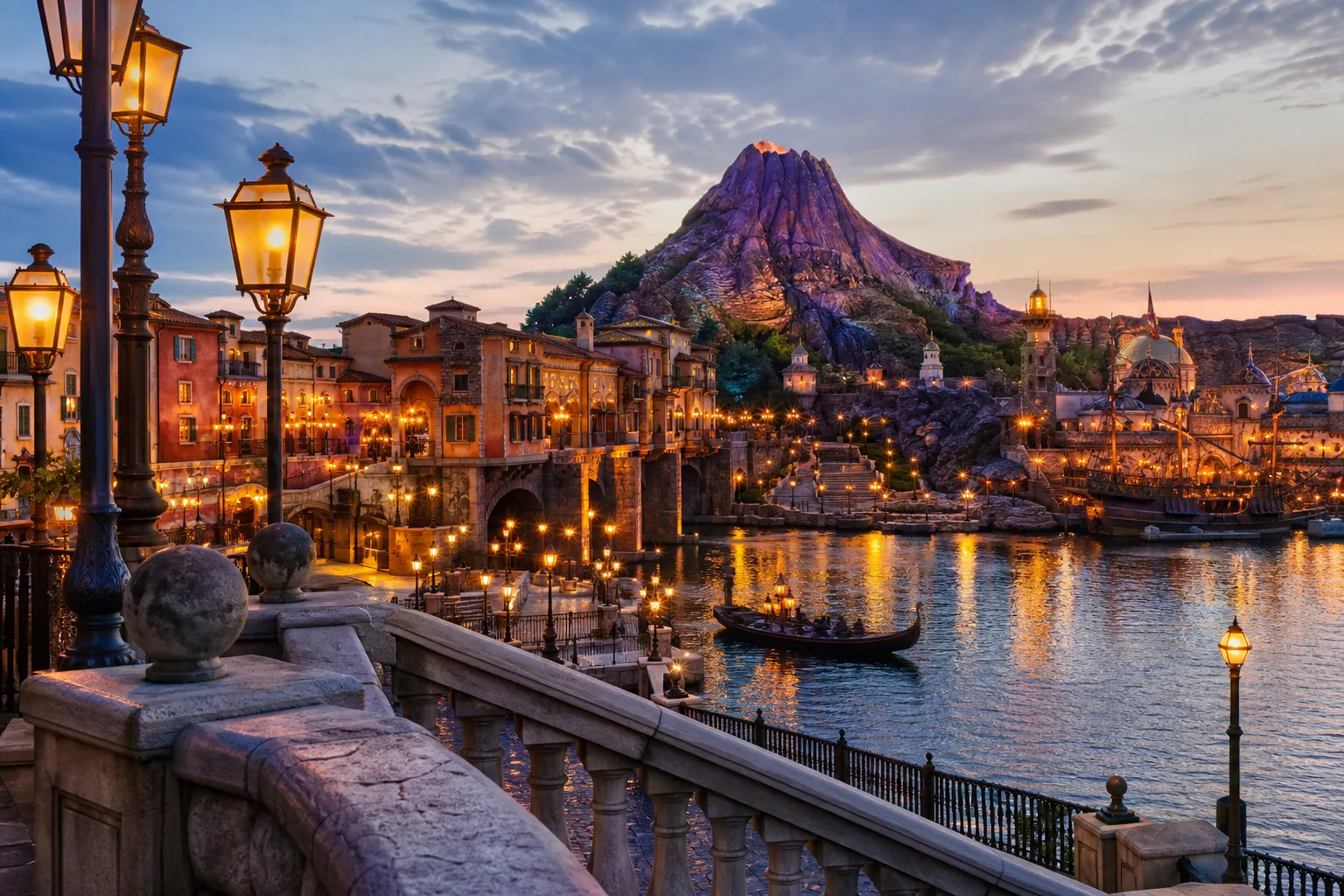Tokyo DisneySea themed harbor with Mediterranean architecture at golden hour