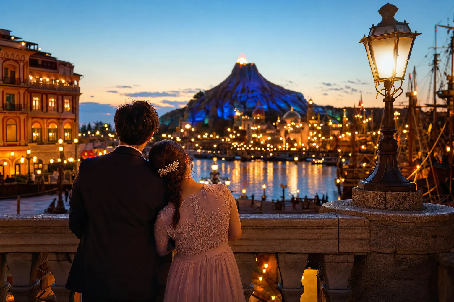 Couple strolling along Mediterranean Harbor at Tokyo DisneySea during golden hour