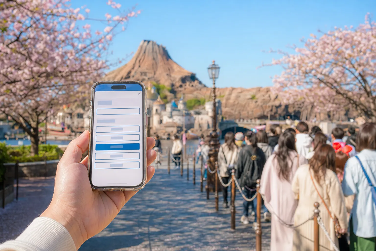 The Tokyo Disney Resort App open on a smartphone screen showing a Premier Access return-window selection, held against the backdrop of a DisneySea attraction queue