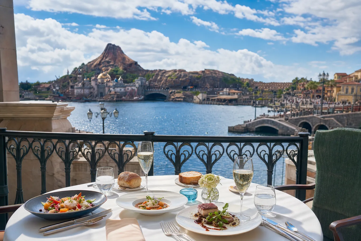 A terrace dining table at Oceano restaurant in Tokyo DisneySea Hotel MiraCosta, set along the edge of Mediterranean Harbor with the water and Venetian-style buildings beyond