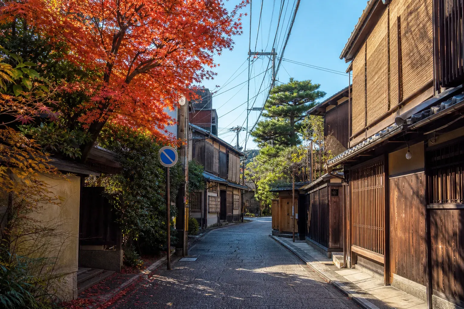 Quiet street in Kyoto’s Nishijin area with traditional low-rise buildings and narrow lane
