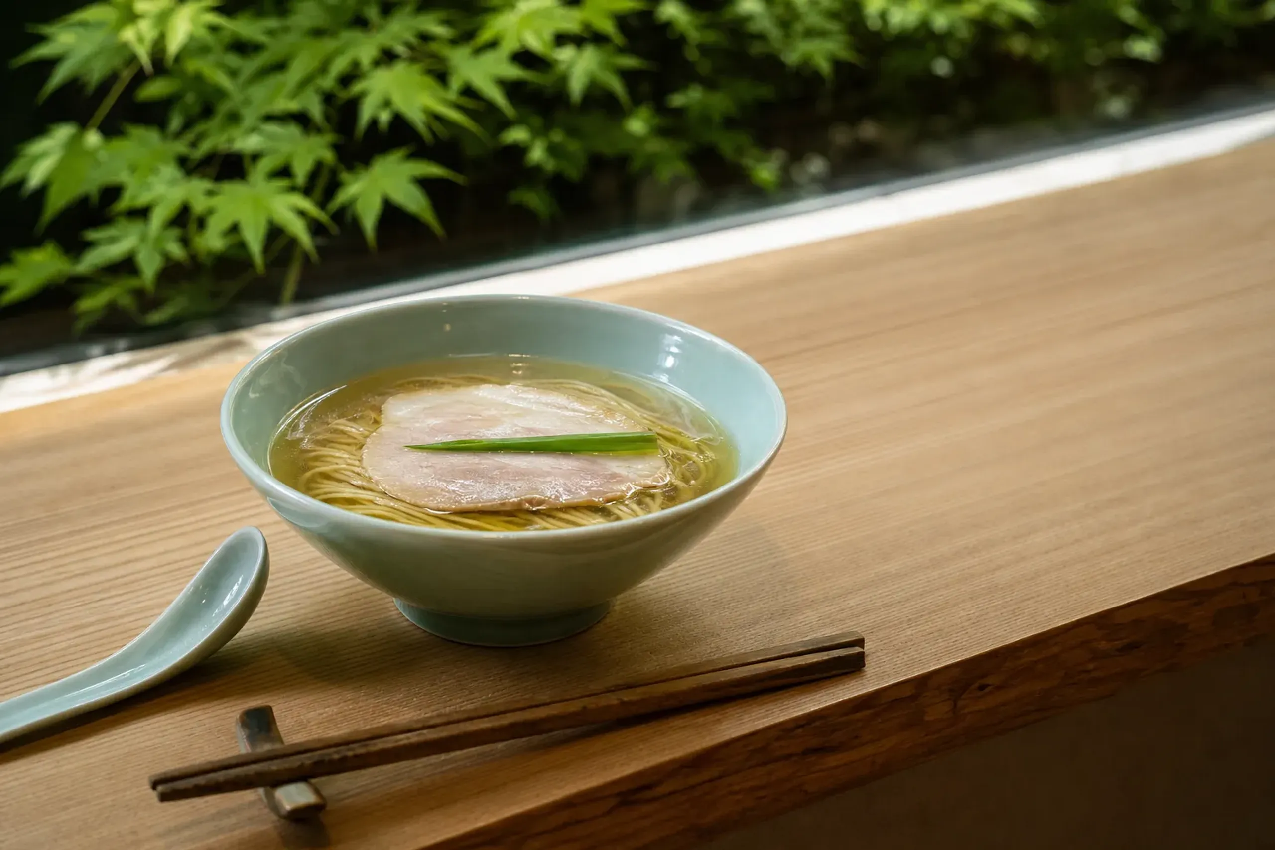 Clear ramen broth served at a wooden counter in Kyoto with simple chopsticks and ceramic spoon