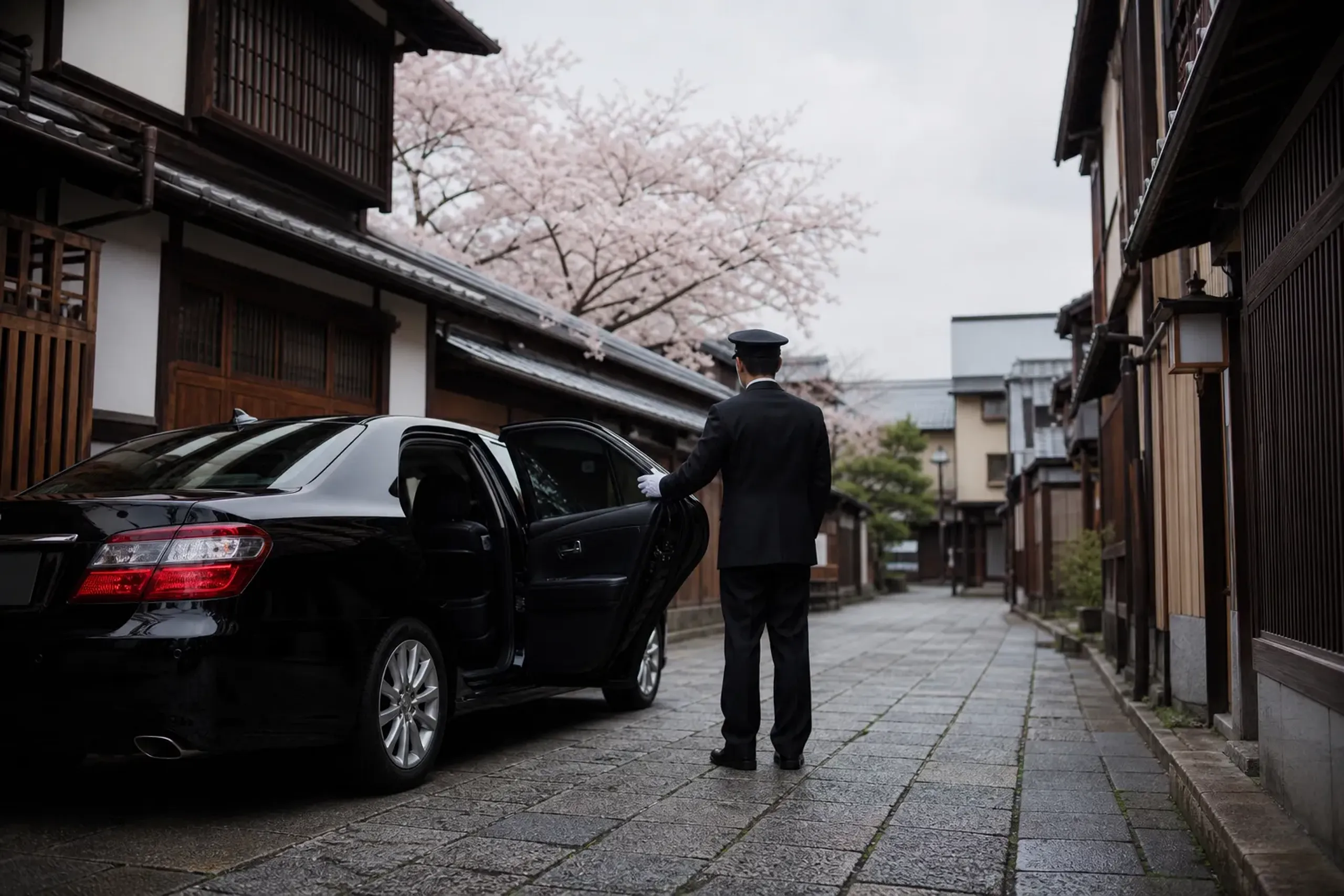 Premium chauffeured vehicle on a quiet Kyoto street near traditional architecture