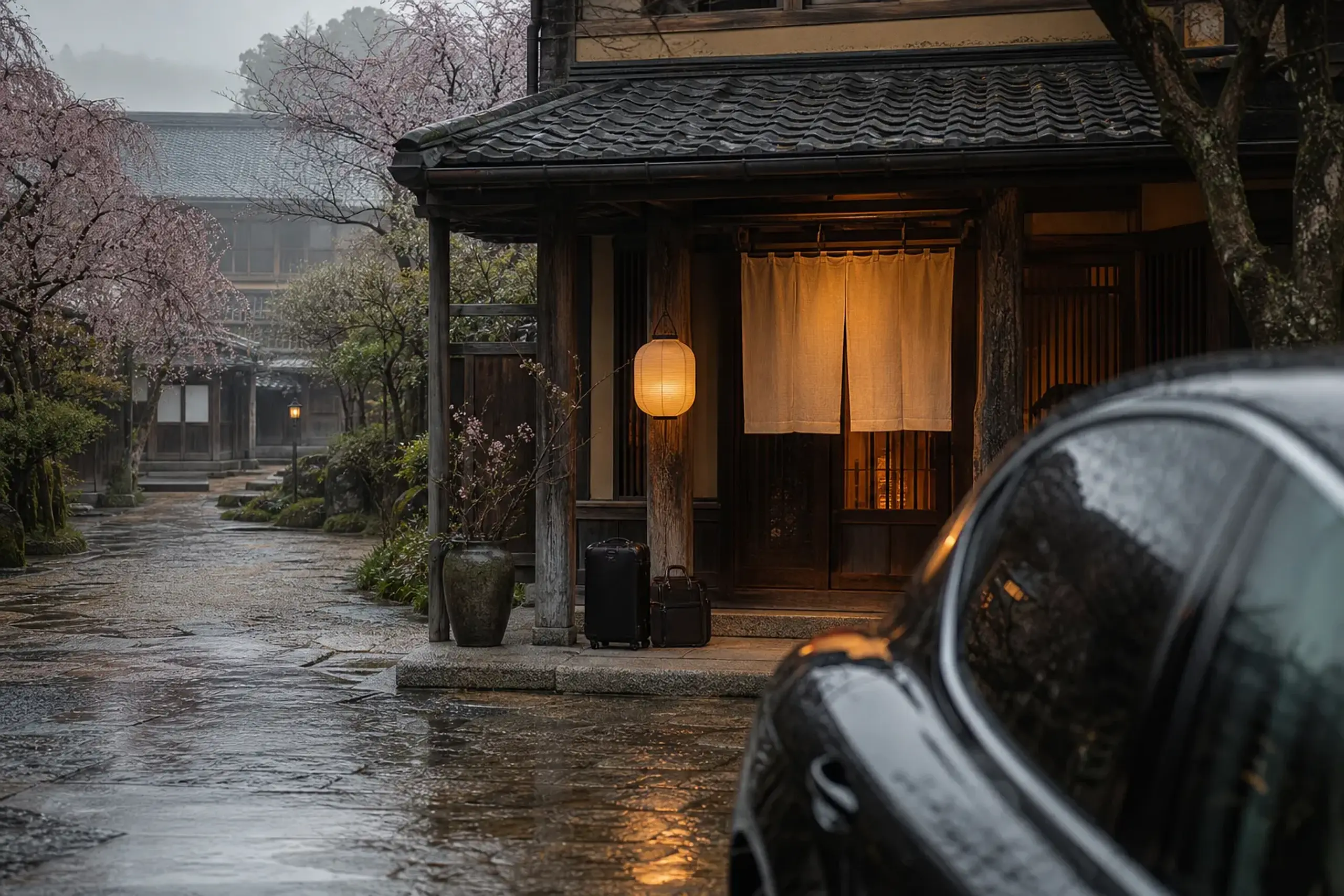 A traditional country ryokan entrance at dusk with lantern light, a waiting car in the foreground and luggage set beside the wooden threshold