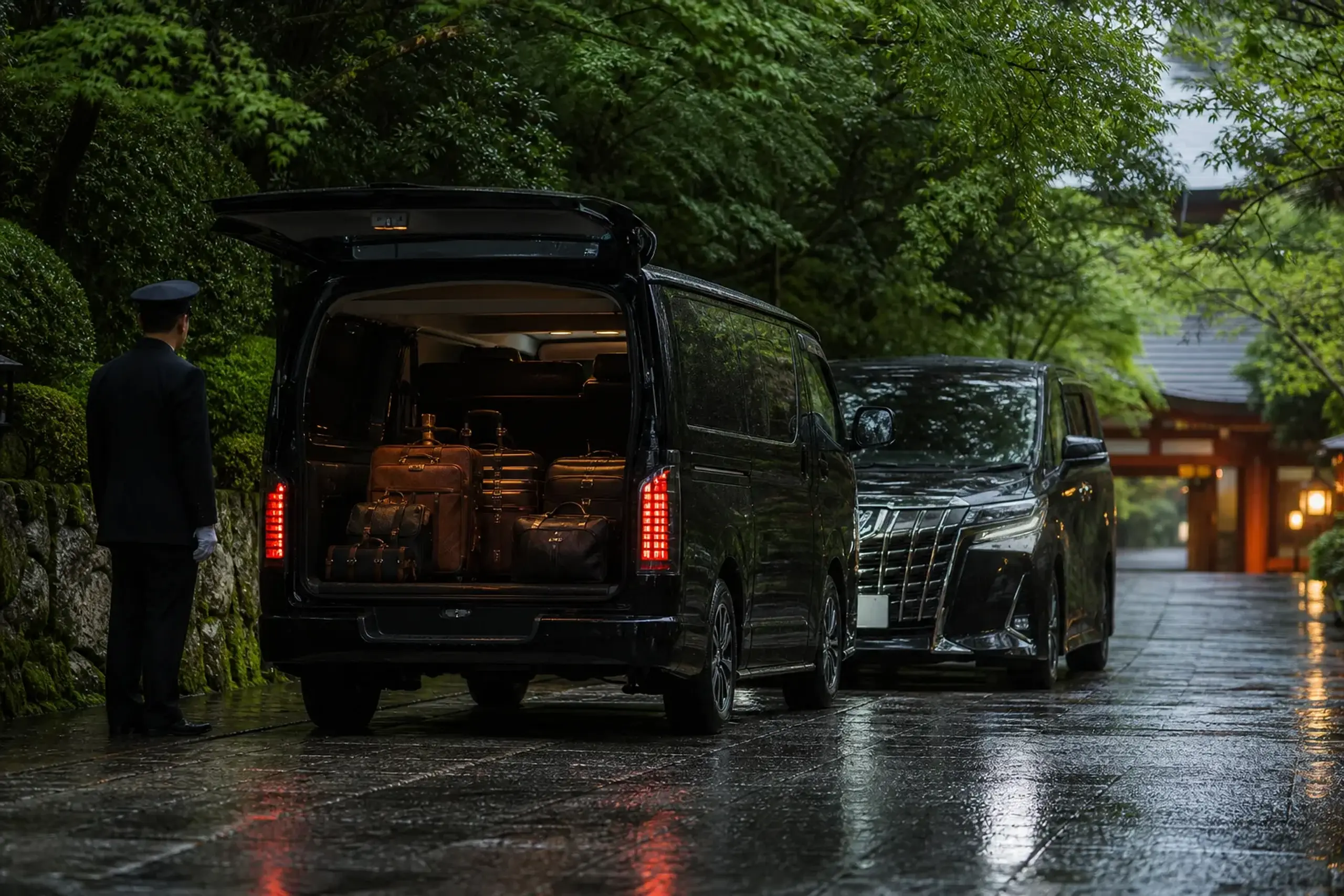 A Toyota HiAce and a Toyota Alphard parked side by side on a quiet Japanese street, luggage visible through an open rear door of the HiAce