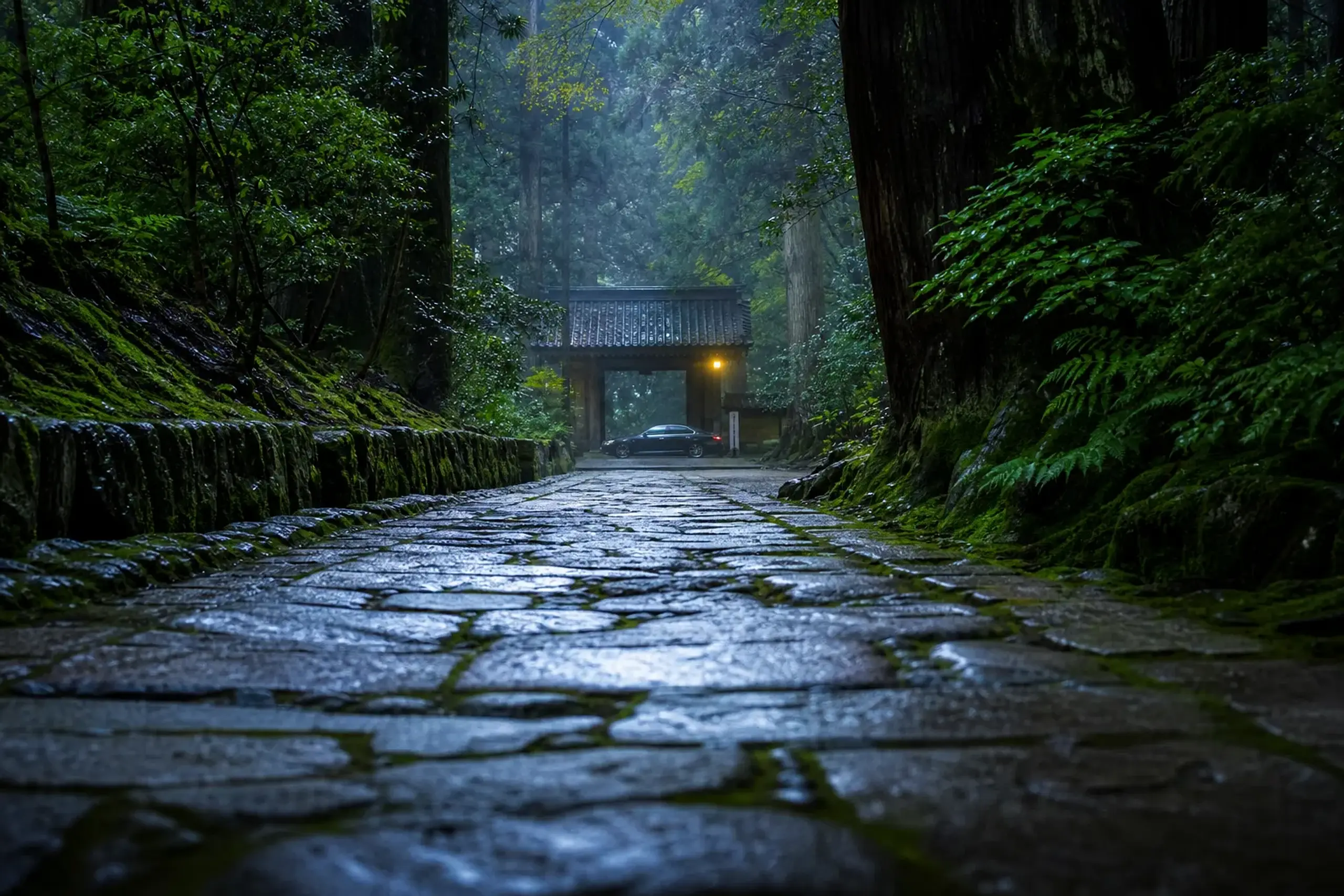 A moss-covered stone approach path to a temple with a car arriving slowly at the far end, morning mist lingering among cedar trees