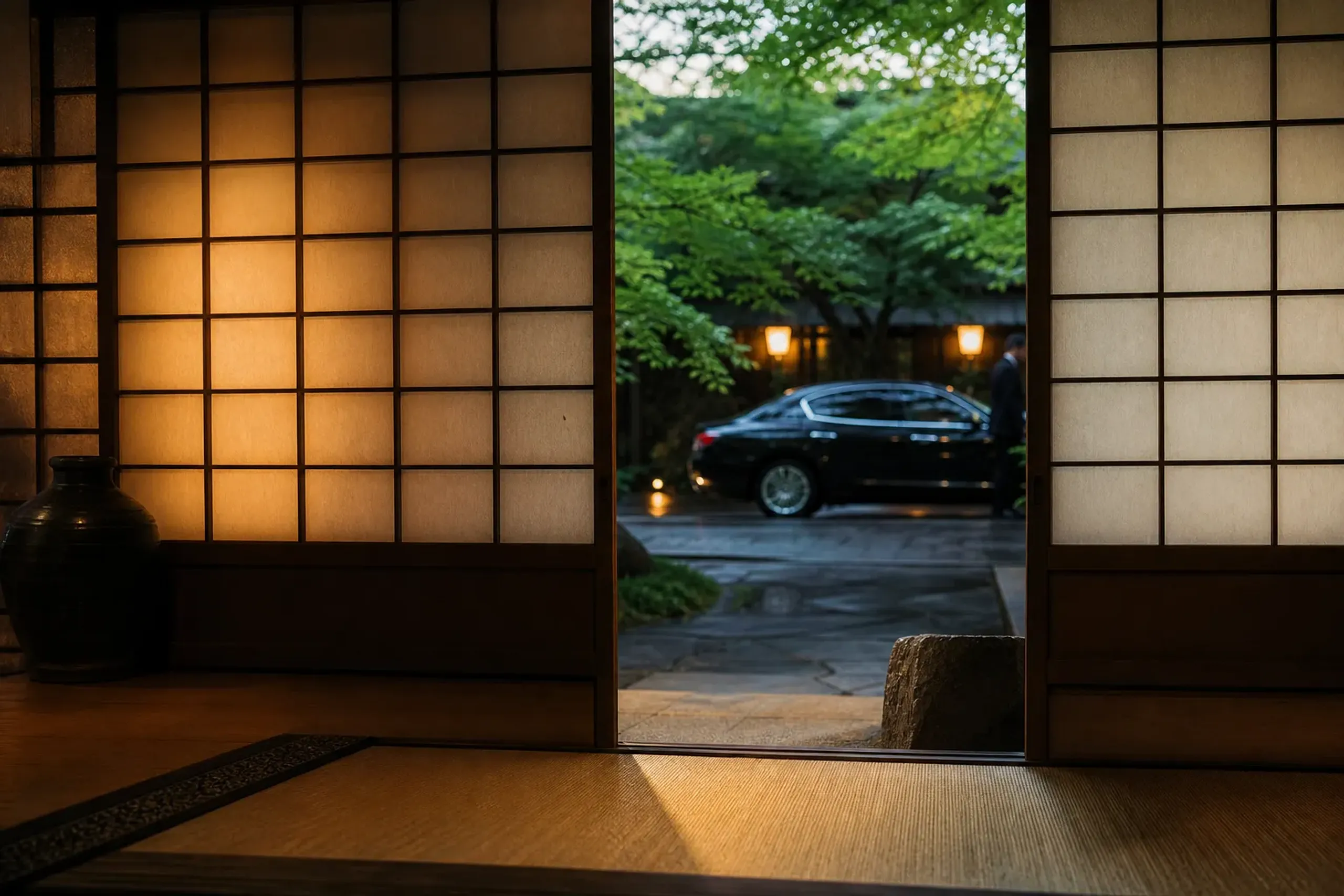 The sliding shoji door of a sukiya-style tearoom slightly ajar, a dark vehicle waiting discreetly in the shadowed lane beyond