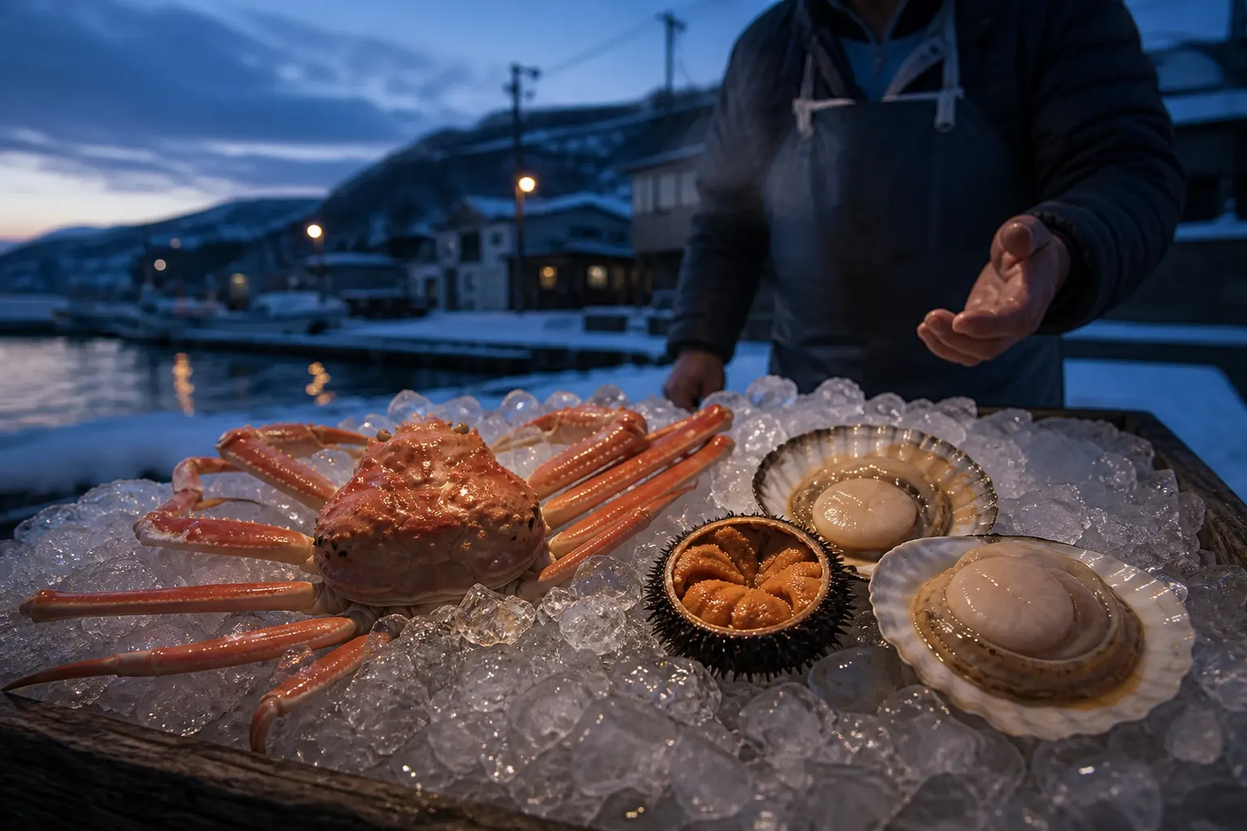 Fresh Hokkaido crab and seafood on ice at Hakodate Morning Market in early morning light