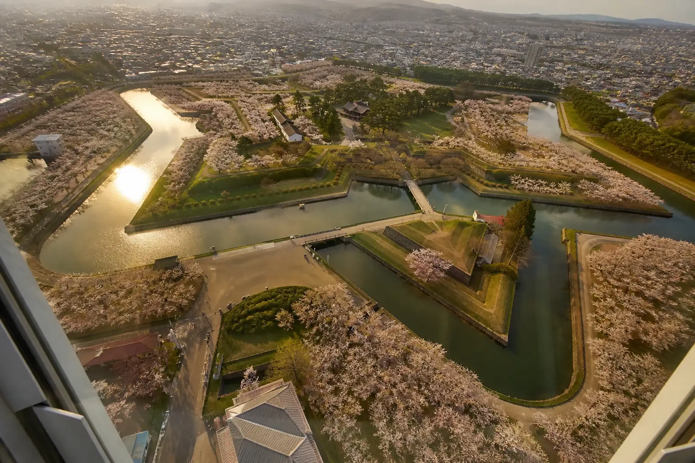 Aerial view of the five-pointed Goryokaku star fort and its moats in Hakodate