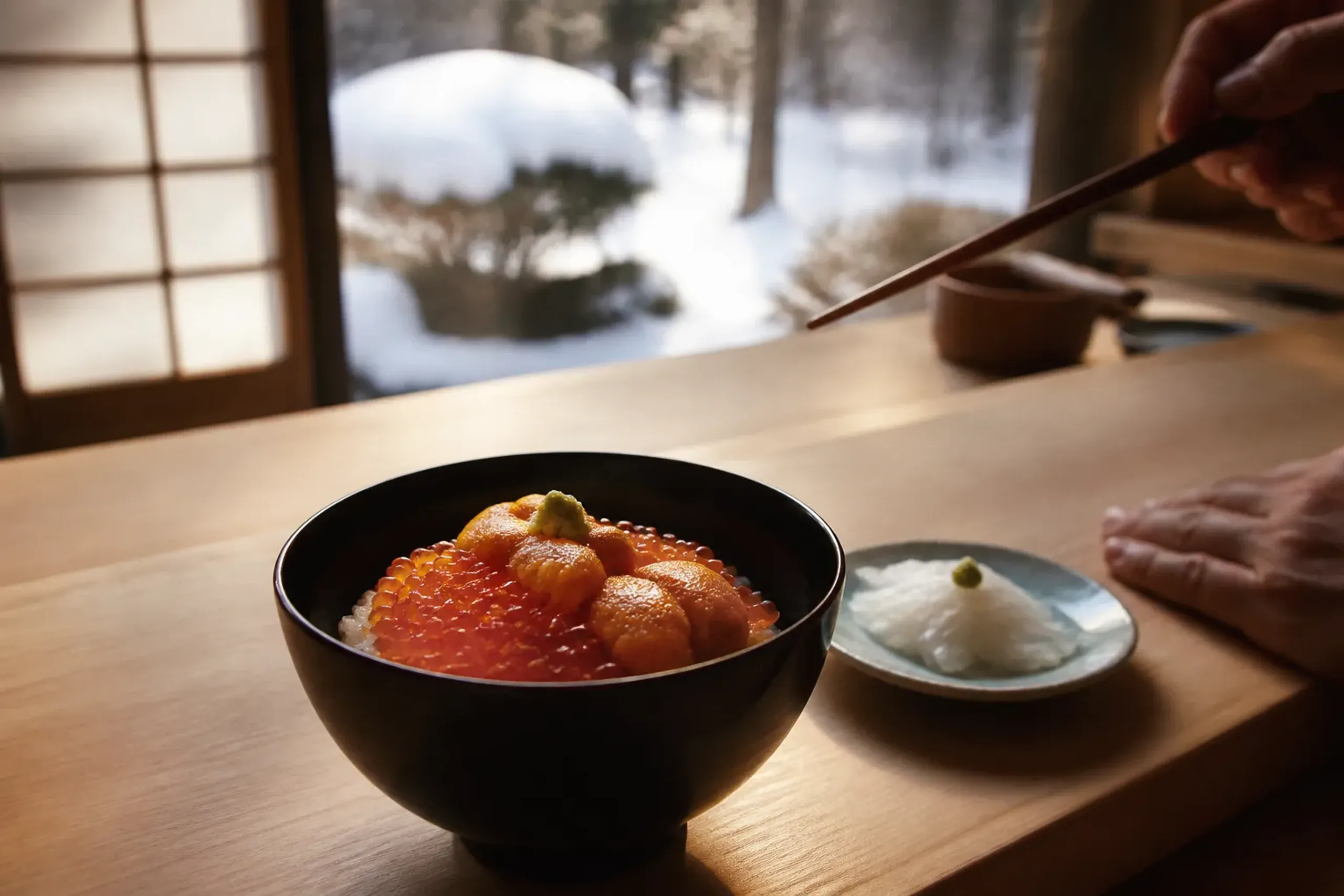 Hokkaido sea urchin, salmon roe and sliced squid served at a quiet Japanese counter